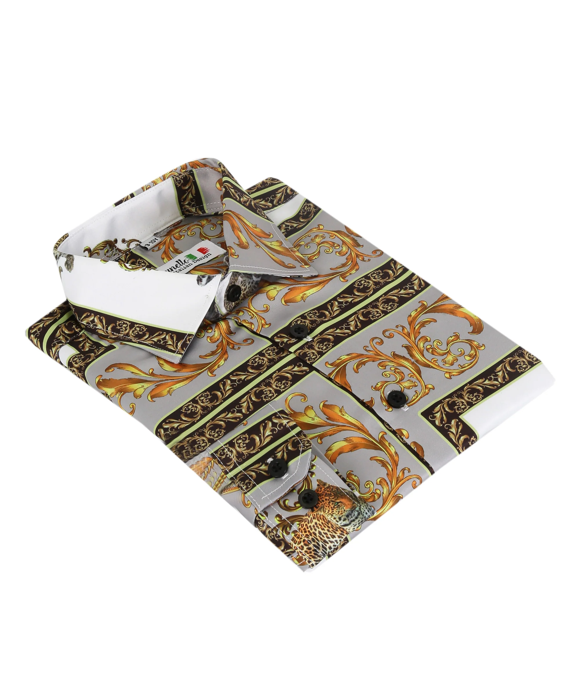 Boys Slim Fit Long Sleeve Printed Satin Shirt -Grey and Gold - Image 2