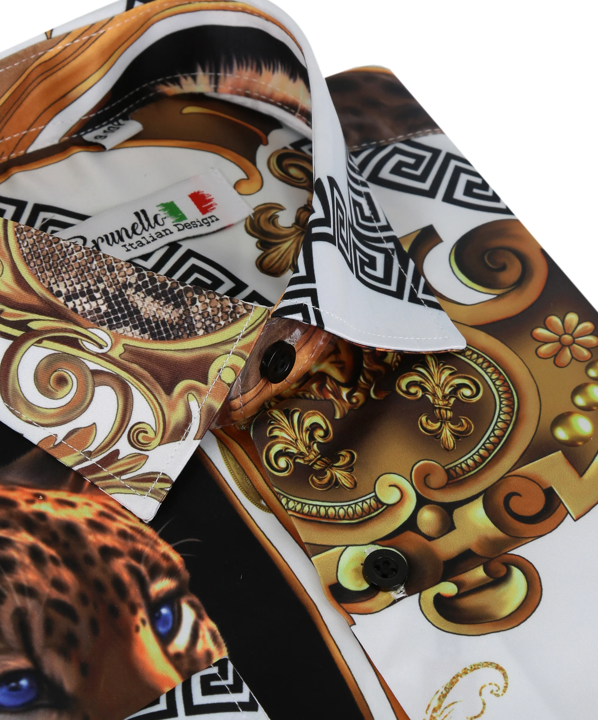 Boys Slim Fit Long Sleeve Printed Satin Shirt - White and Gold - Image 3