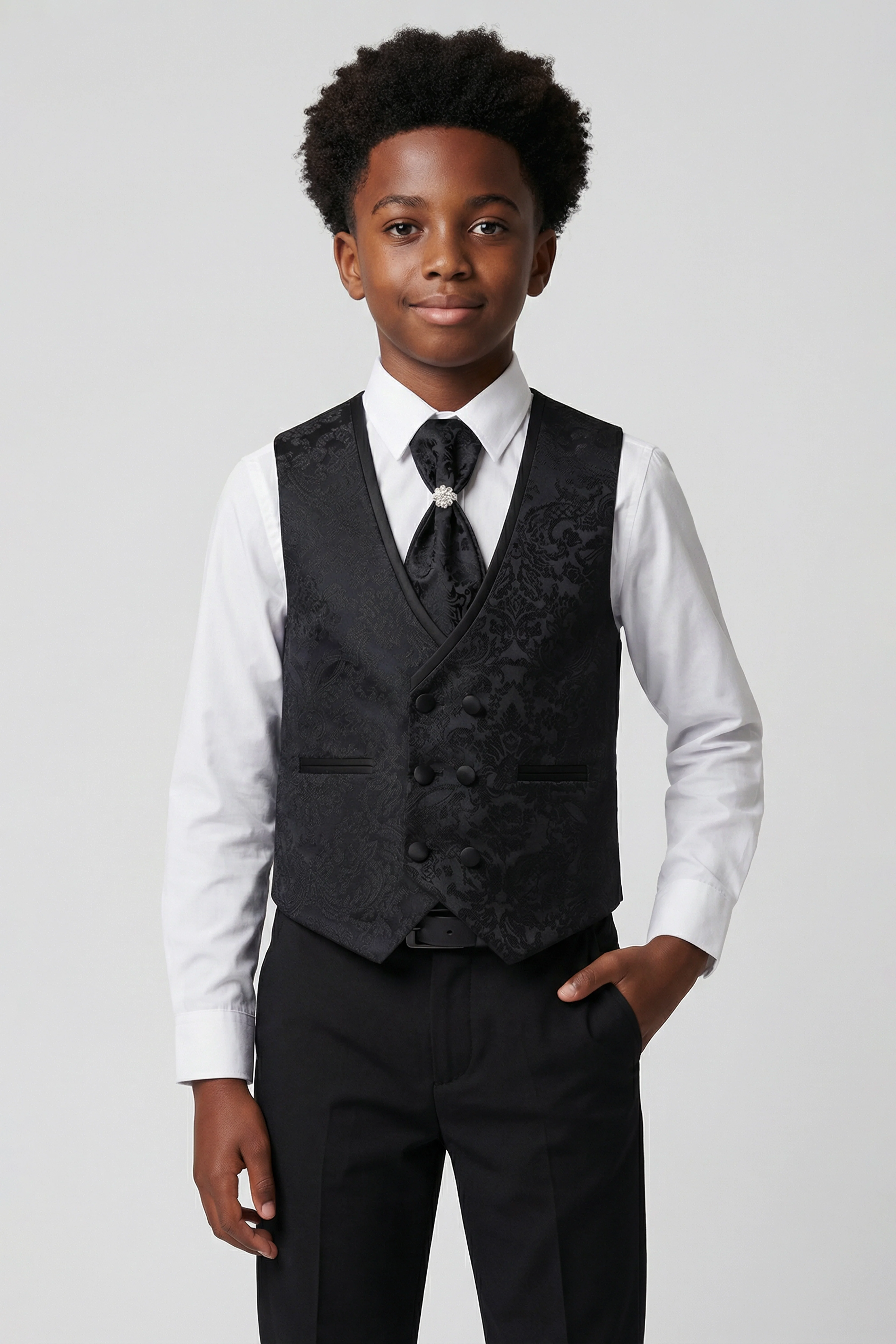 Boys 5-Piece Floral Jacquard Tuxedo Suit with Double Breasted Waistcoat - Black - Image 3