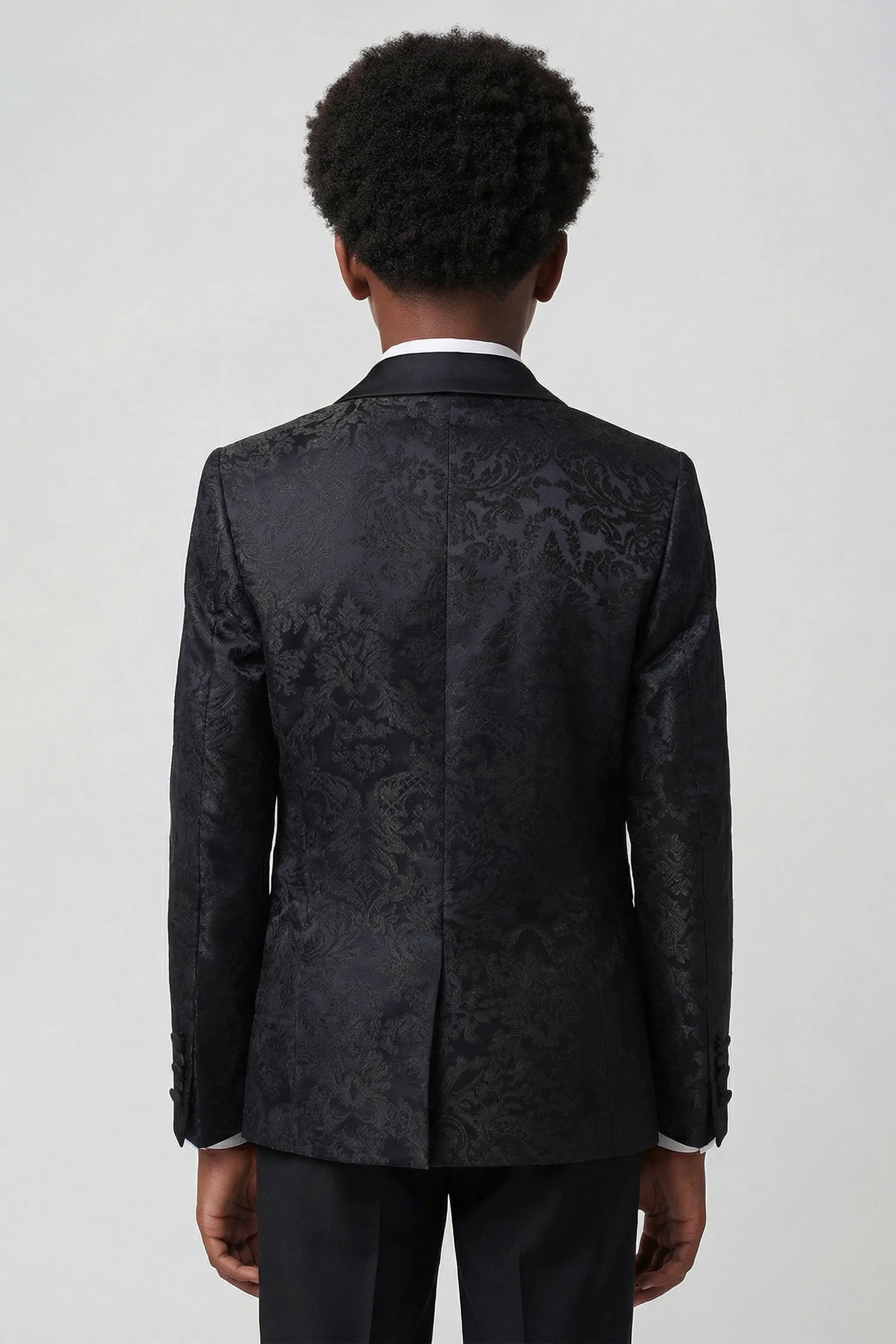 Boys 5-Piece Floral Jacquard Tuxedo Suit with Double Breasted Waistcoat - Black - Image 5