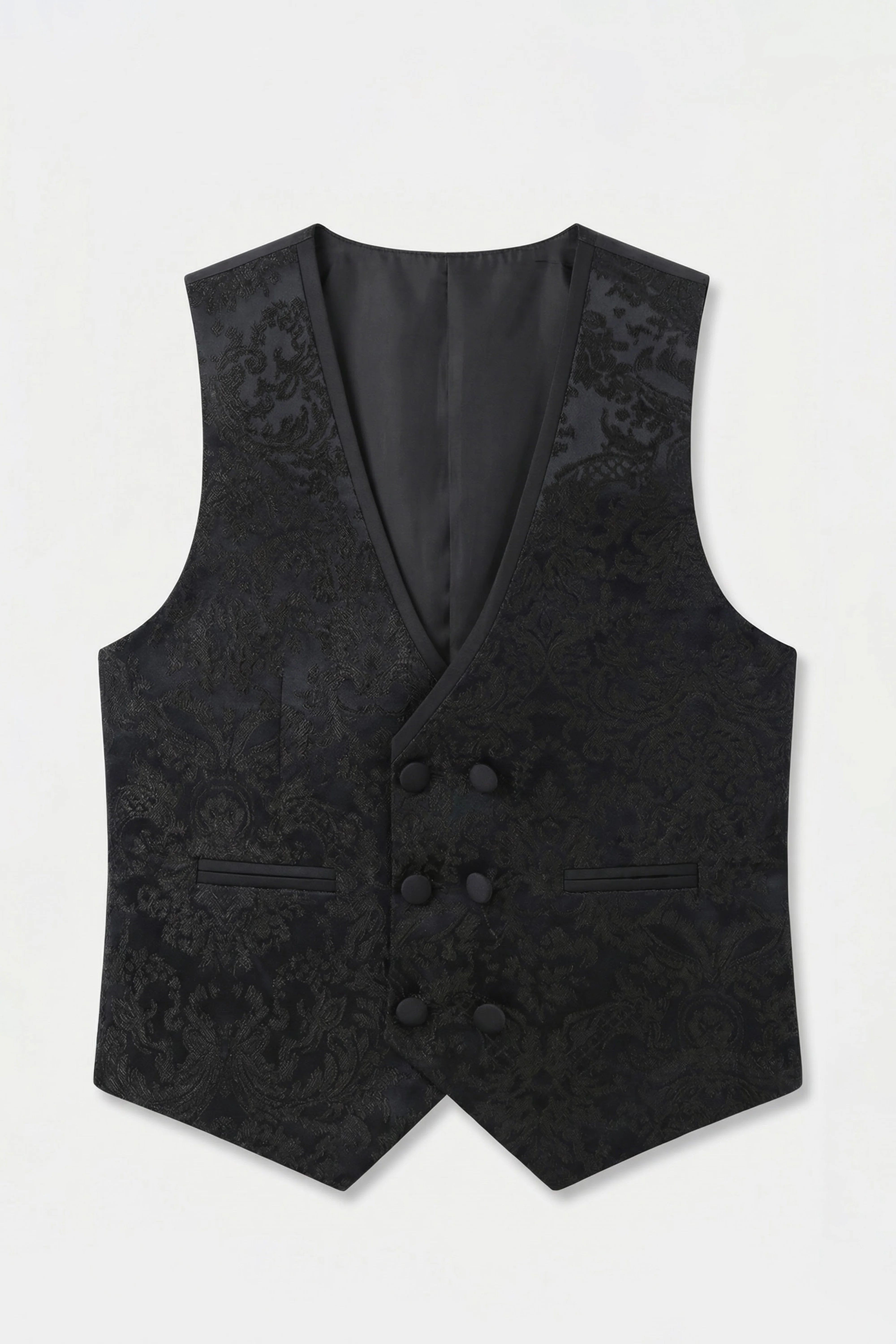 Boys 5-Piece Floral Jacquard Tuxedo Suit with Double Breasted Waistcoat - Black - Image 9