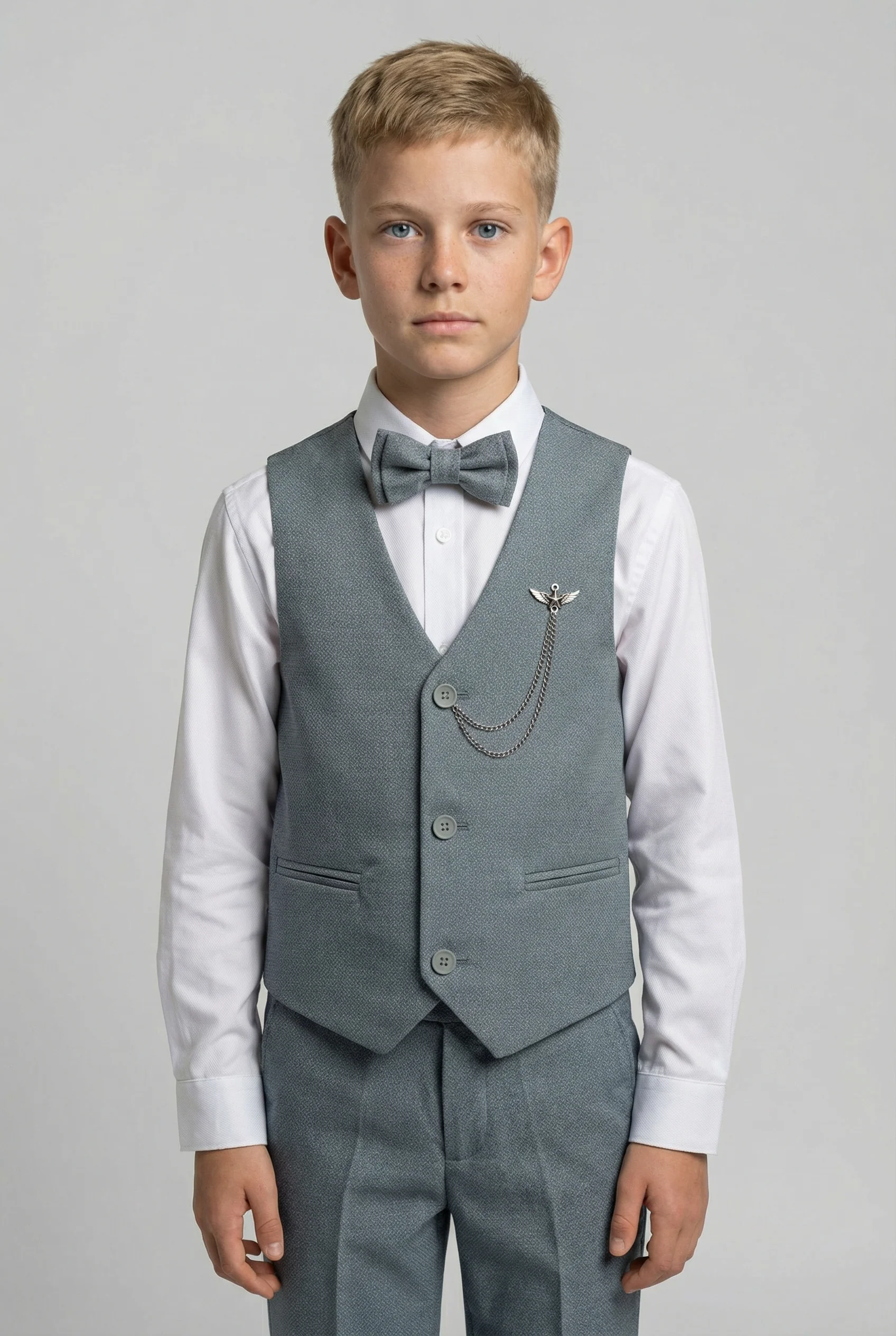 Boys' Slim Fit Textured Waistcoat Suit Set, Formal Outfit - Grey