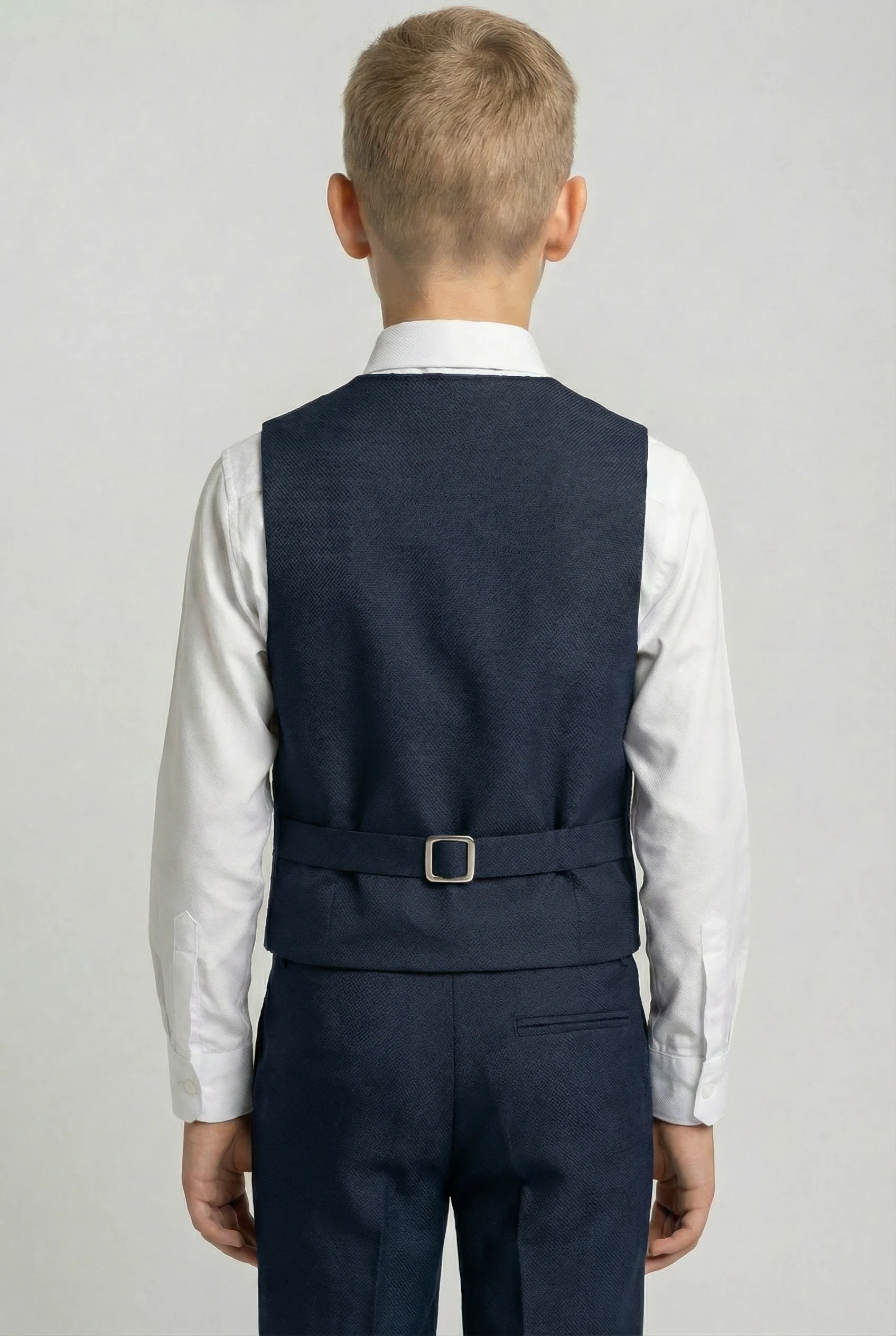 Boys' Slim Fit Textured Waistcoat Suit Set, Formal Outfit - Navy Blue - Image 2
