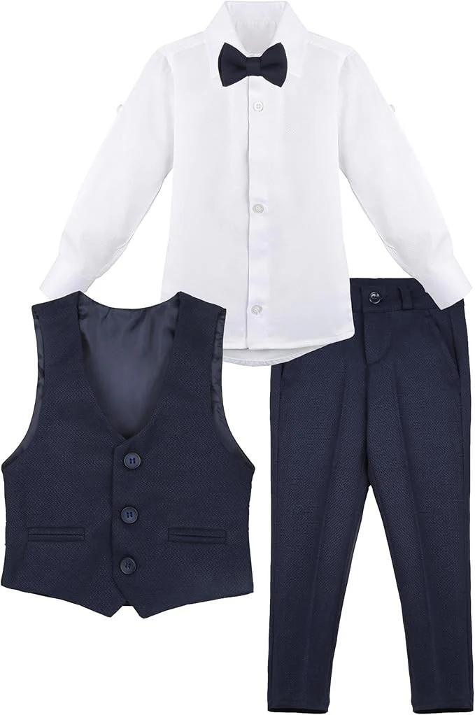 Boys' Slim Fit Textured Waistcoat Suit Set, Formal Outfit - Navy Blue - Image 4