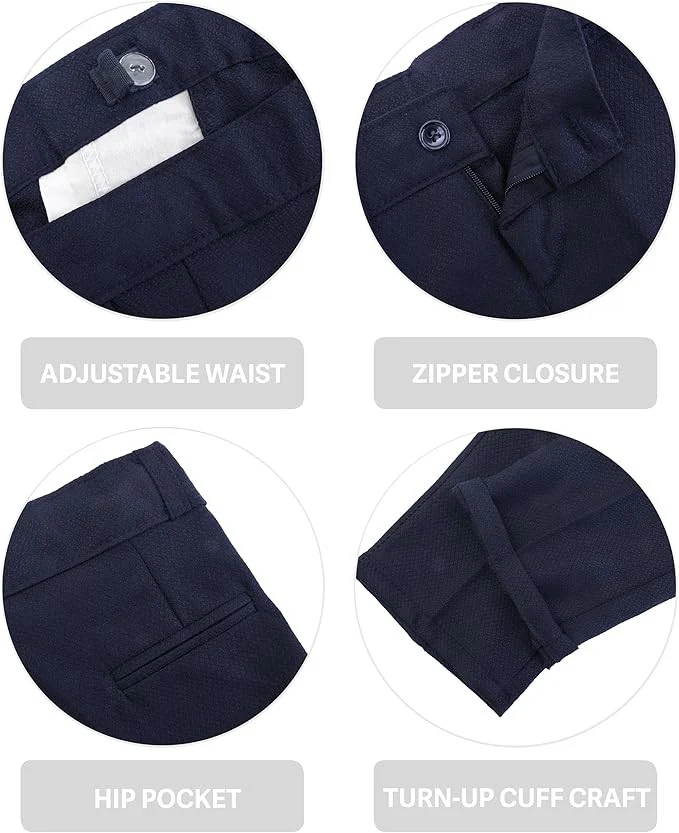 Boys' Slim Fit Textured Waistcoat Suit Set, Formal Outfit - Navy Blue - Image 6