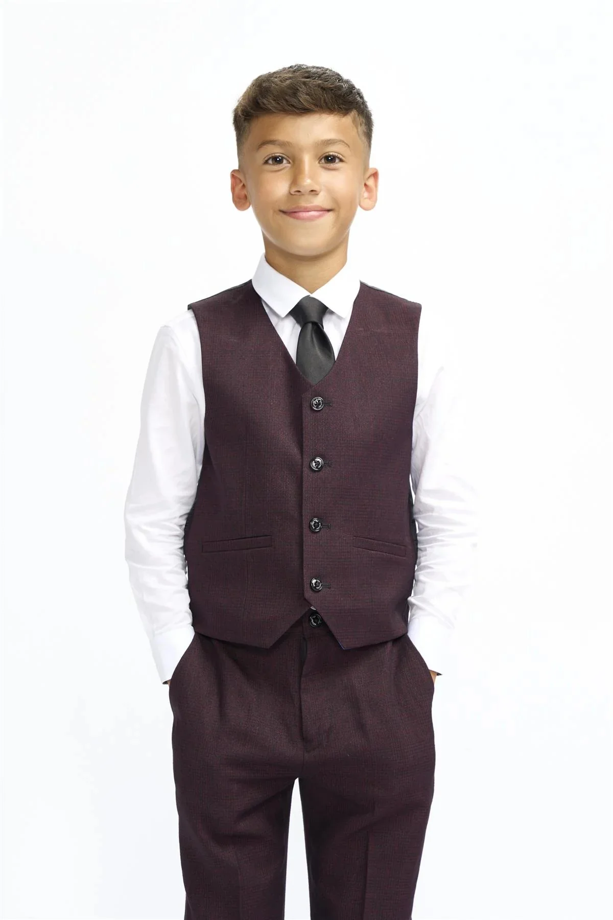 Boys 3-Piece Tweed Glen Check Slim Fit Suit - CARIDI - Wine - Image 5