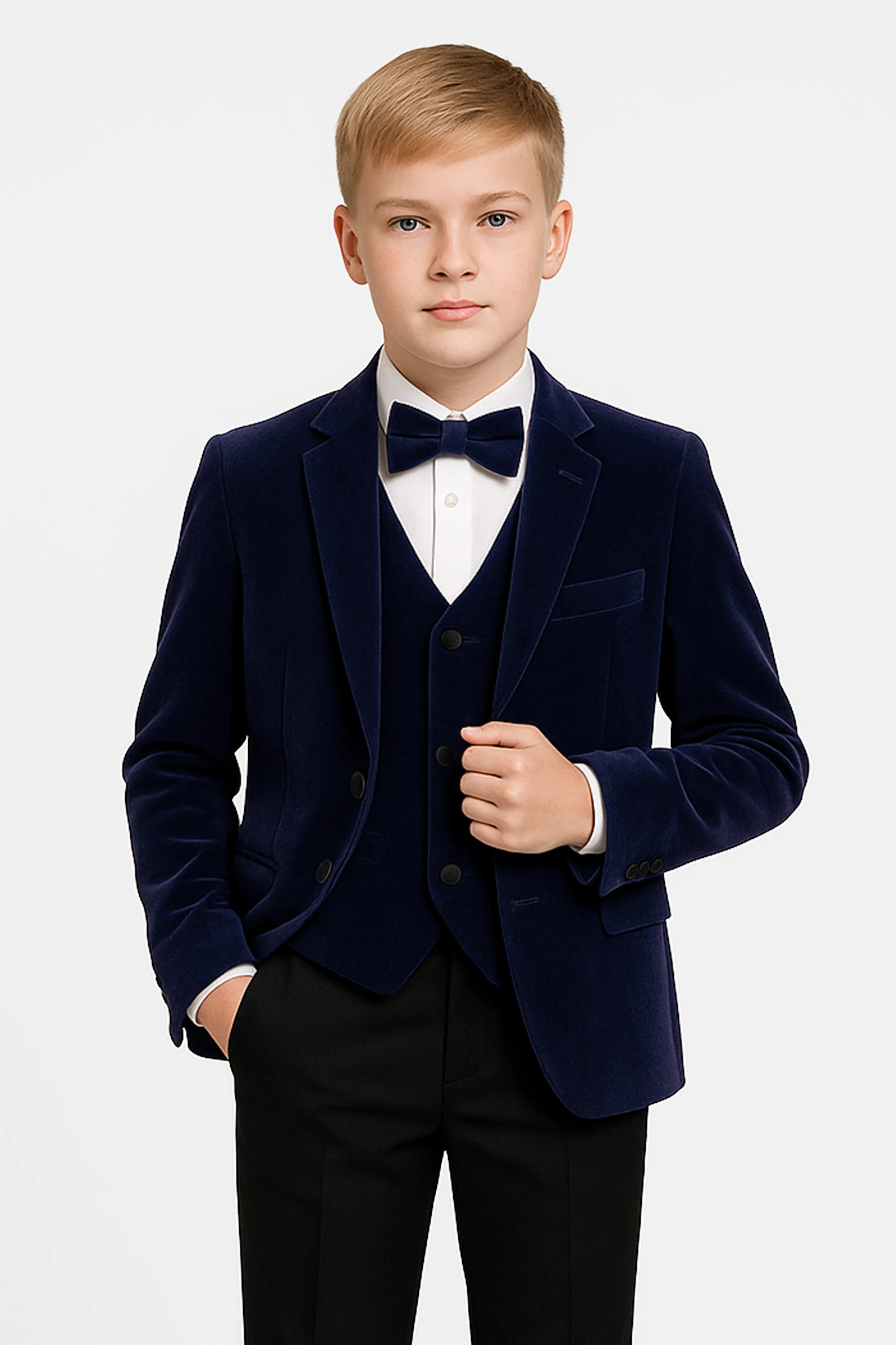 Boys Slim Fit Velvet Dinner Suit - 3-Piece & 5-Piece - SAVOY - Navy Blue