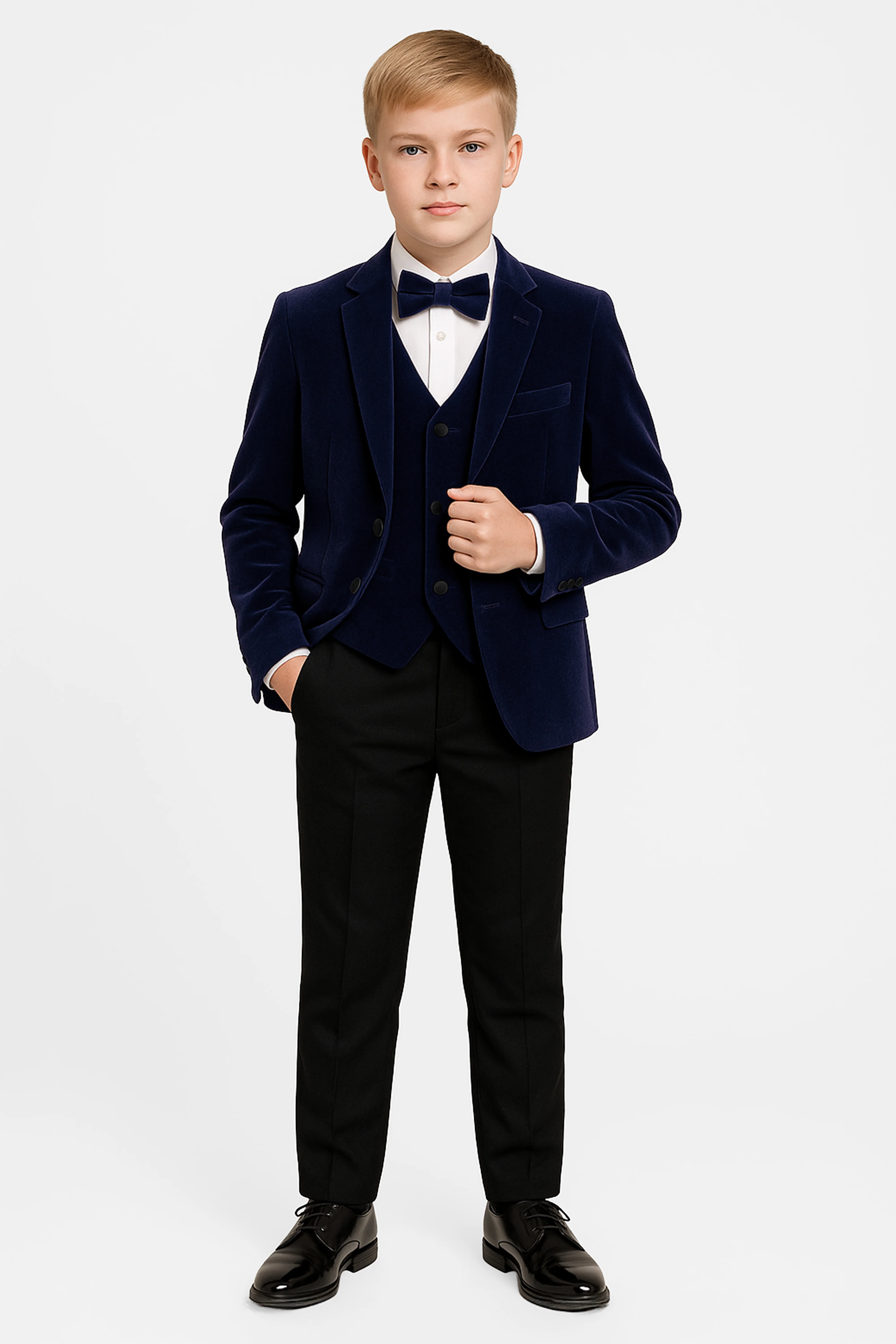 Boys Slim Fit Velvet Dinner Suit - 3-Piece & 5-Piece - SAVOY - Navy Blue - Image 2