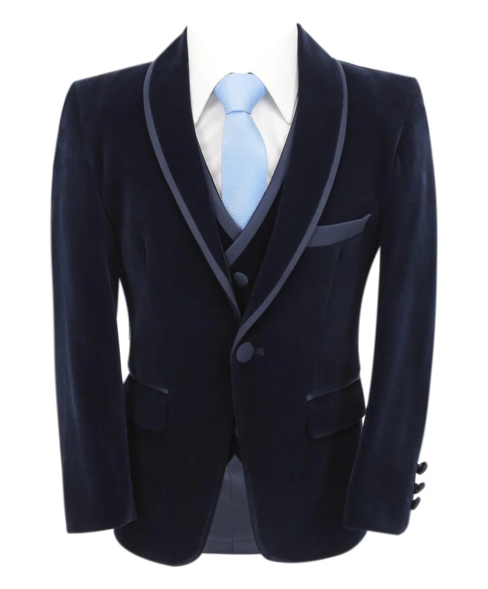 Boys Slim Fit Piping Velvet Tuxedo Suit - LONDON - Navy Blue - Image 2