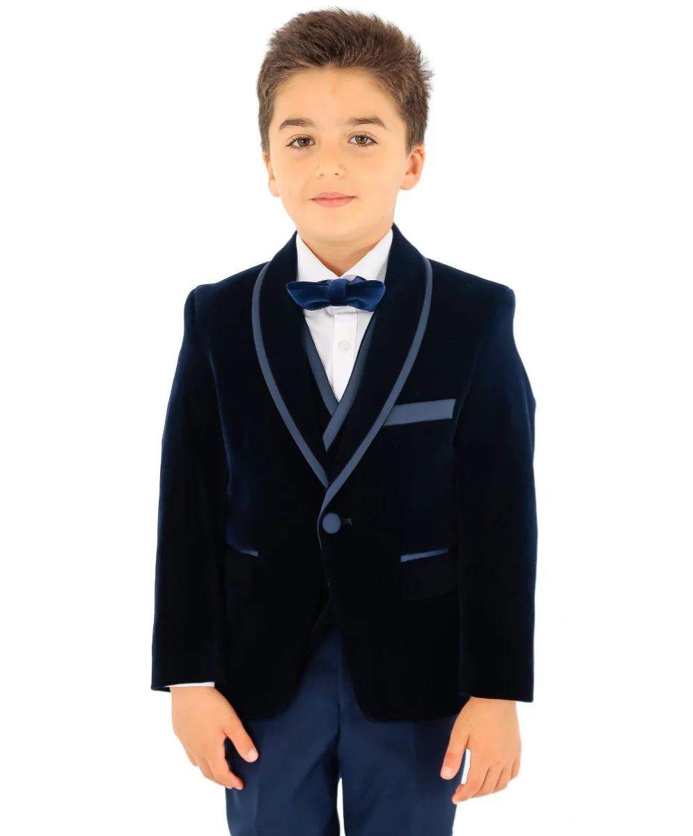 Boys Slim Fit Piping Velvet Tuxedo Suit - LONDON - Navy Blue - Image 3