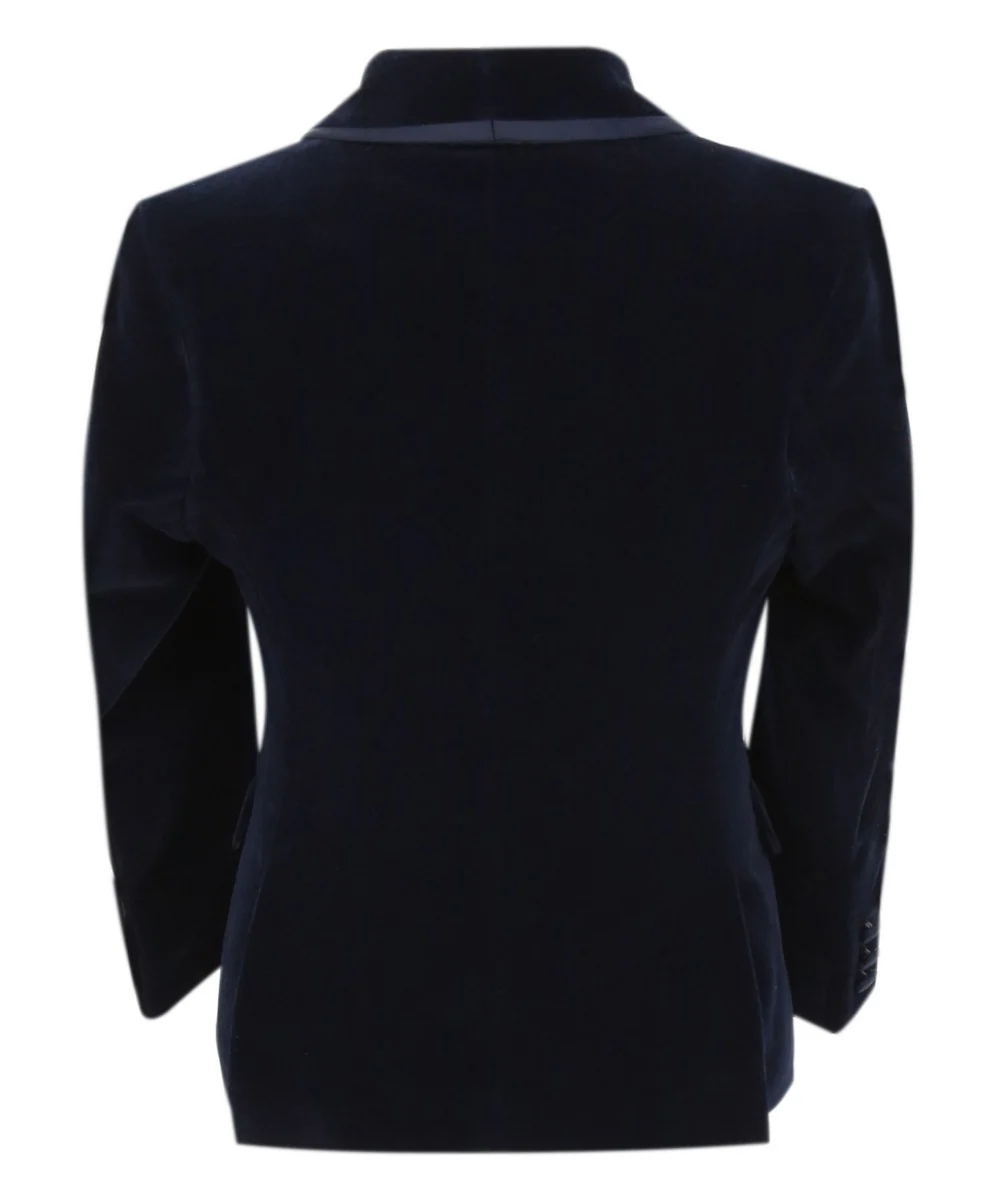 Boys Slim Fit Piping Velvet Tuxedo Suit - LONDON - Navy Blue - Image 4