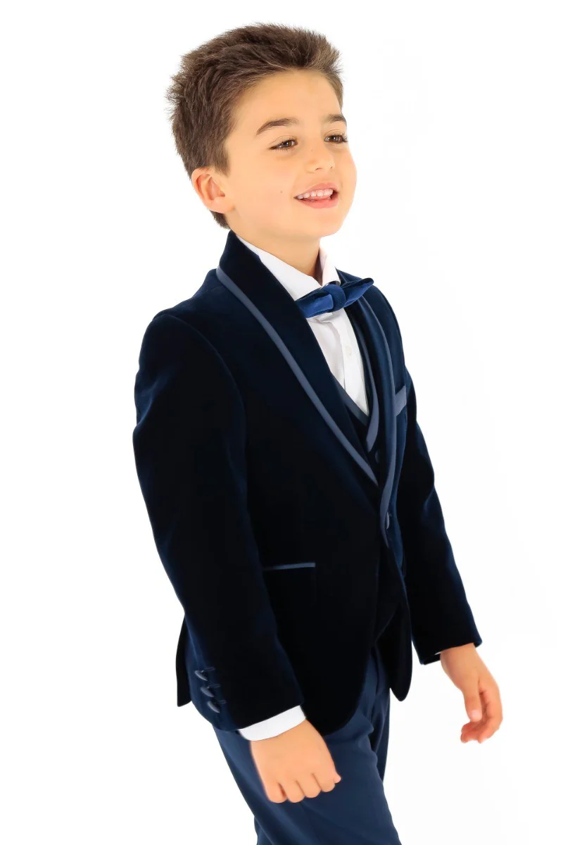 Boys Slim Fit Piping Velvet Tuxedo Suit - LONDON - Navy Blue - Image 5