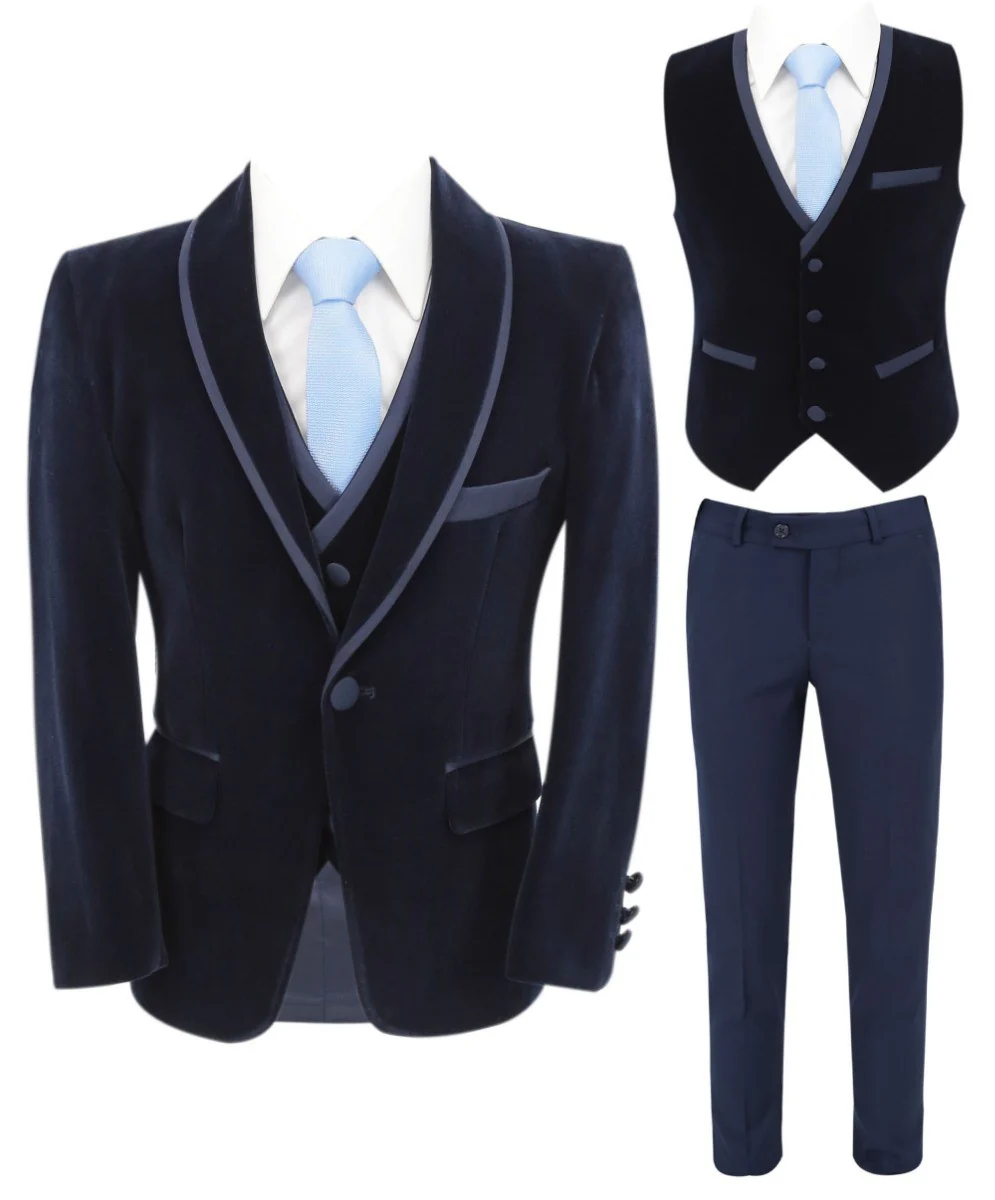 Boys Slim Fit Piping Velvet Tuxedo Suit - LONDON - Navy Blue - Image 6