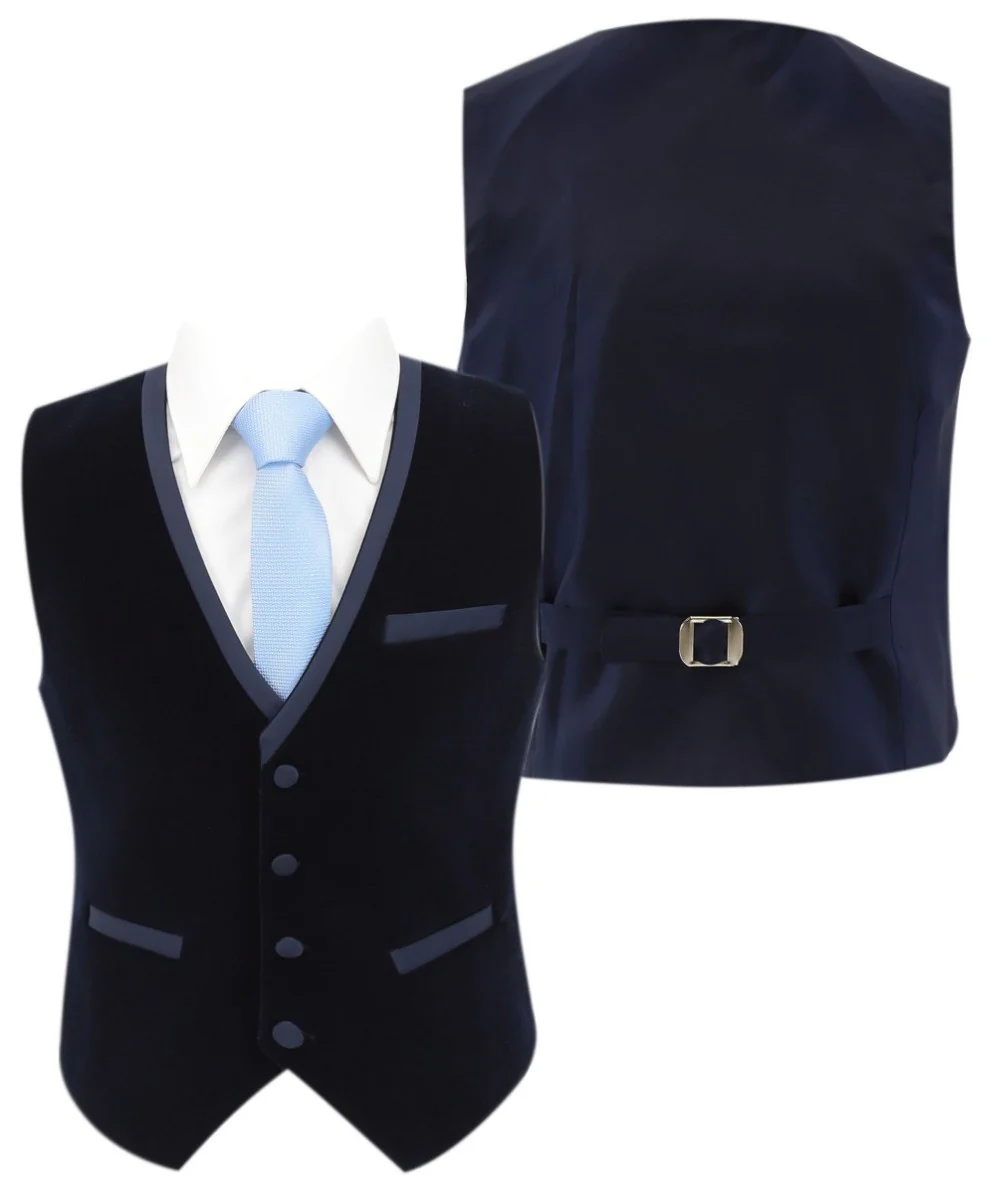 Boys Slim Fit Piping Velvet Tuxedo Suit - LONDON - Navy Blue - Image 7