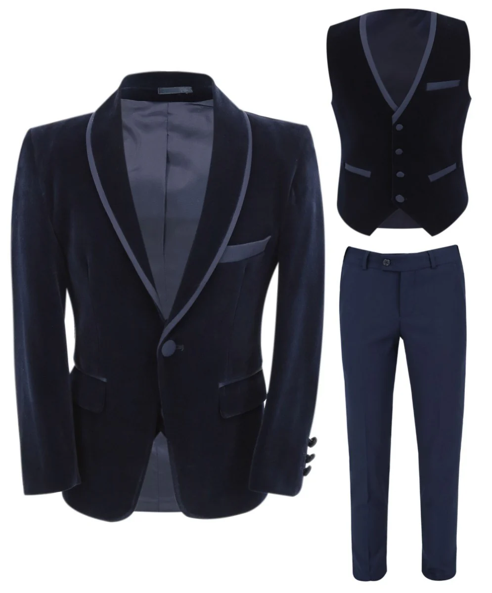 Boys Slim Fit Piping Velvet Tuxedo Suit - LONDON - Navy Blue - Image 8