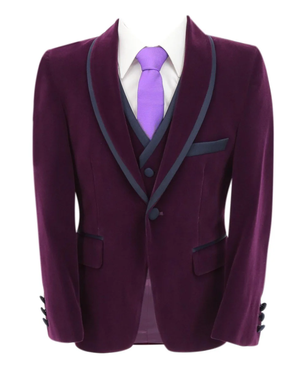 Boys Slim Fit Piping Velvet Tuxedo Suit - LONDON - Purple - Image 2