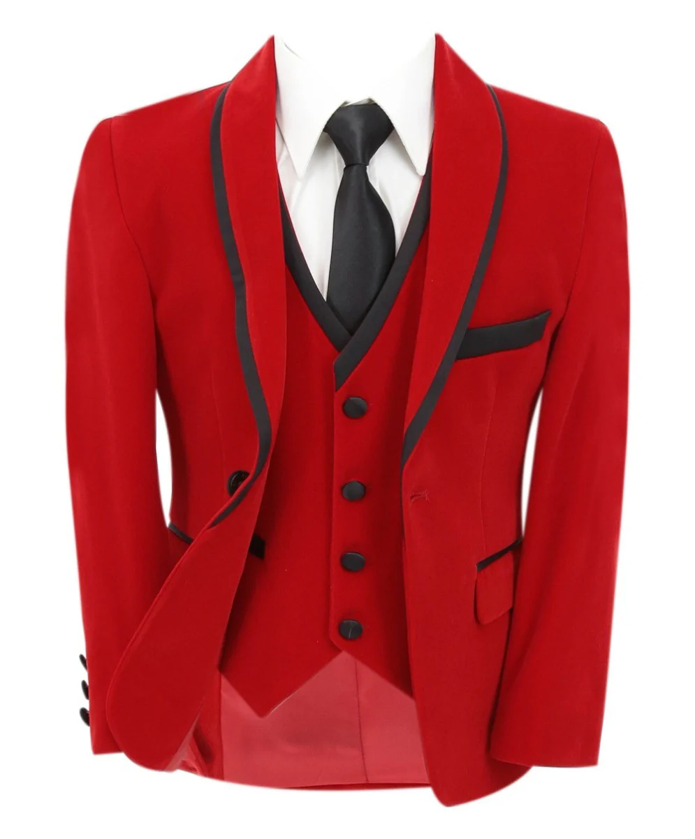 Boys Slim Fit Piping Velvet Tuxedo Suit - LONDON - Red