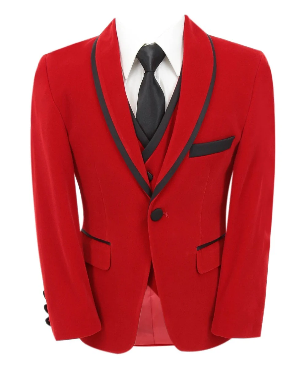 Boys Slim Fit Piping Velvet Tuxedo Suit - LONDON - Red - Image 2