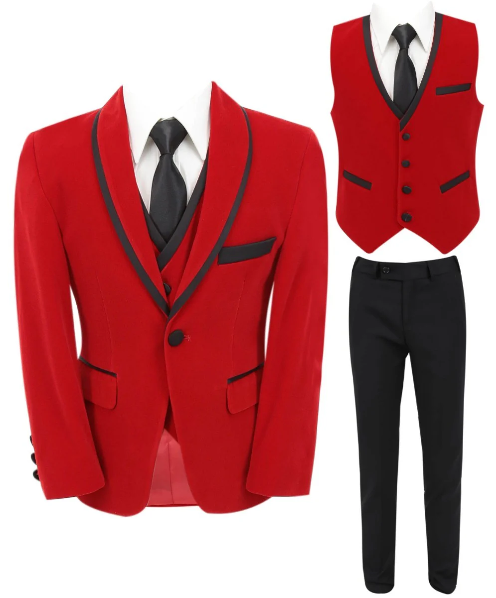 Boys Slim Fit Piping Velvet Tuxedo Suit - LONDON - Red - Image 7