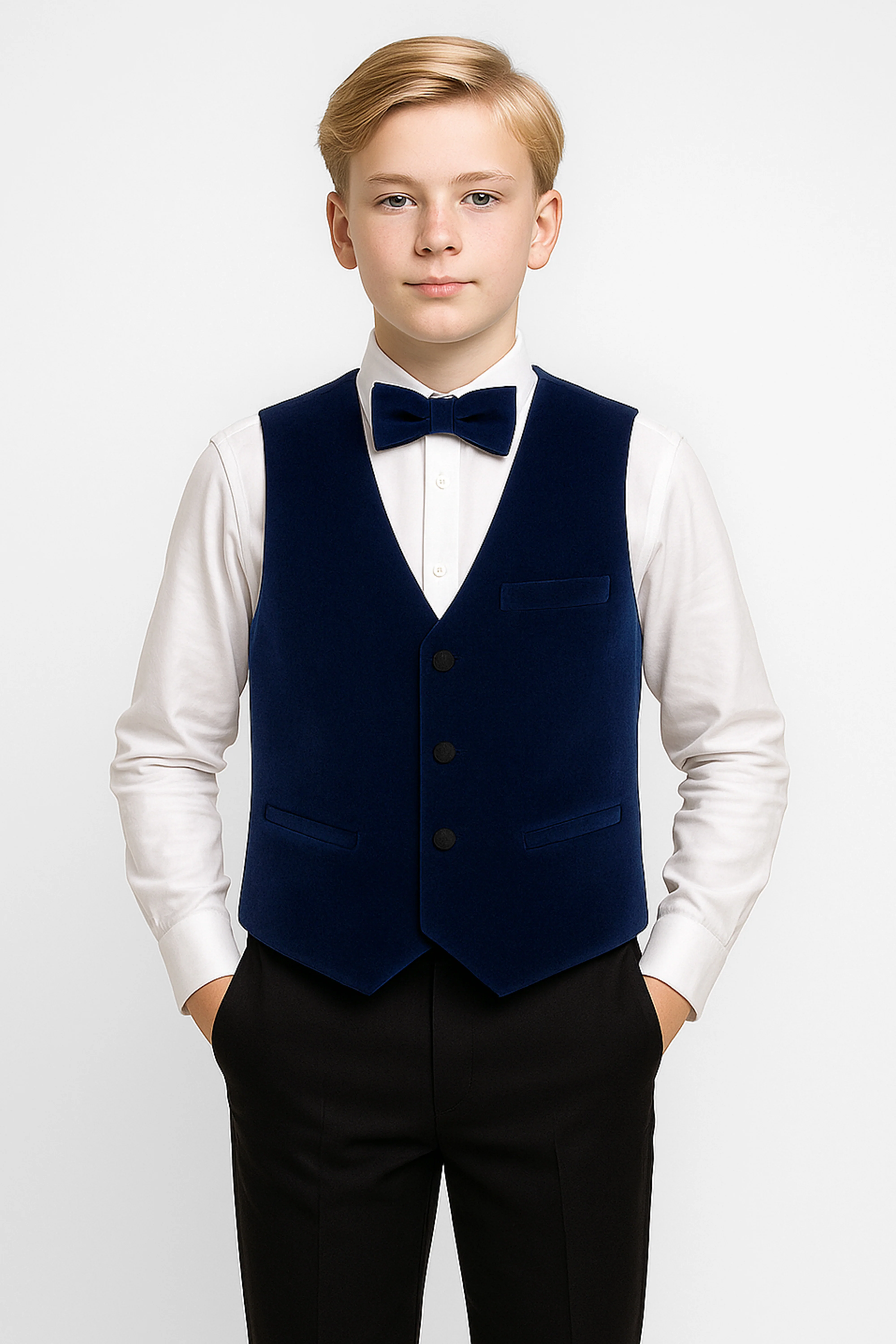 Boys Slim Fit Velvet Waistcoat Set - SAVOY - Navy Blue