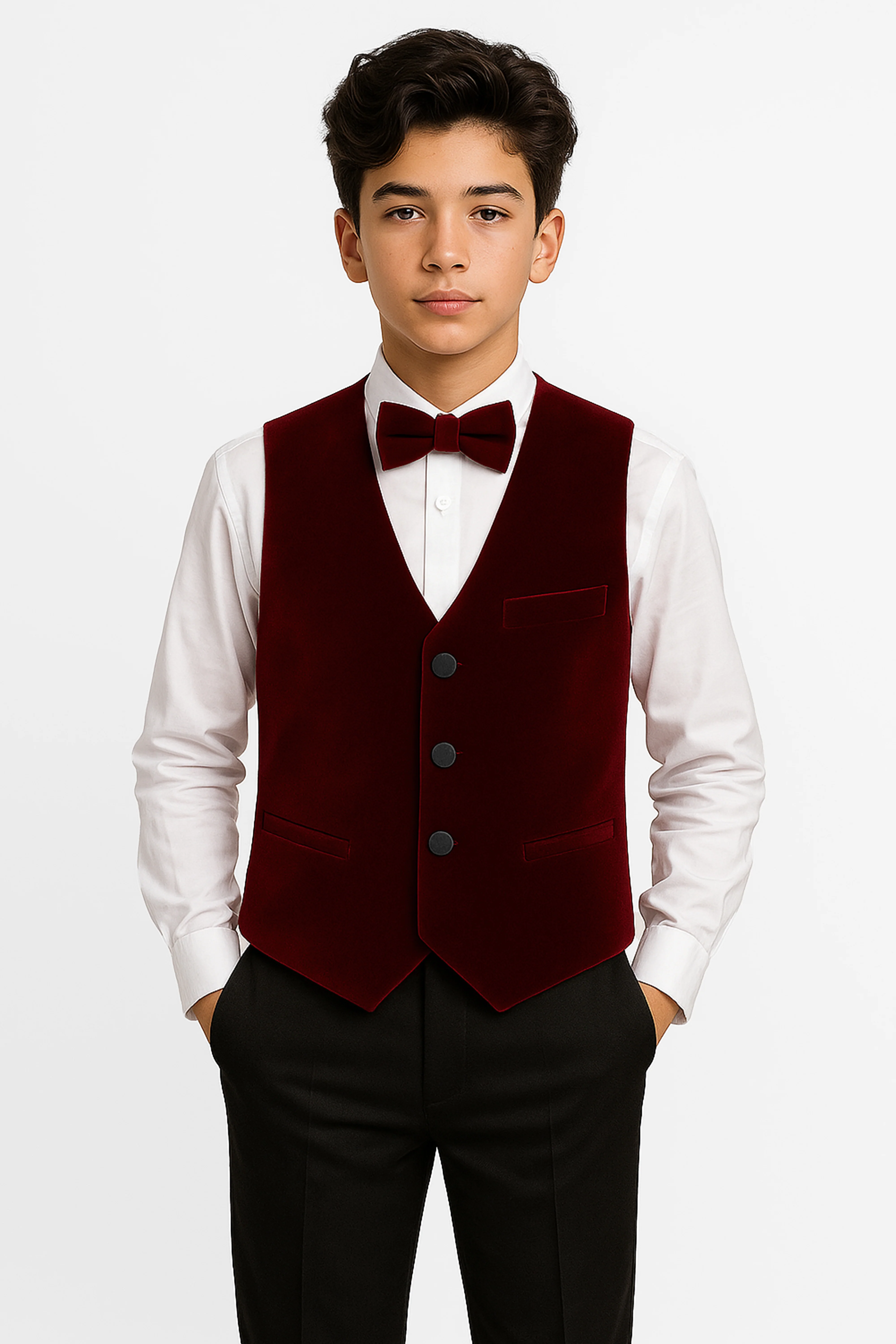 Boys Slim Fit Velvet Waistcoat Set - SAVOY - Wine