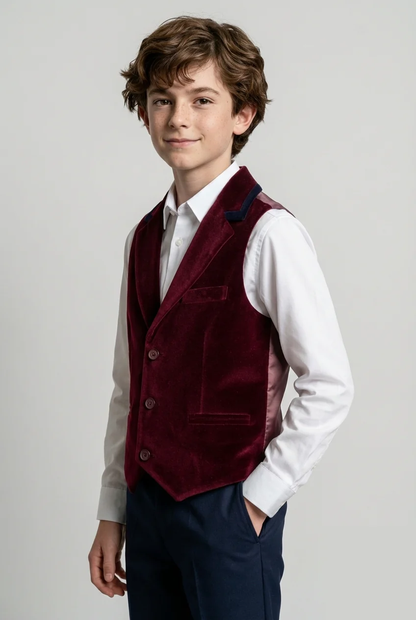 Boys Slim Fit Velvet Waistcoat with Lapel Trim - Burgundy