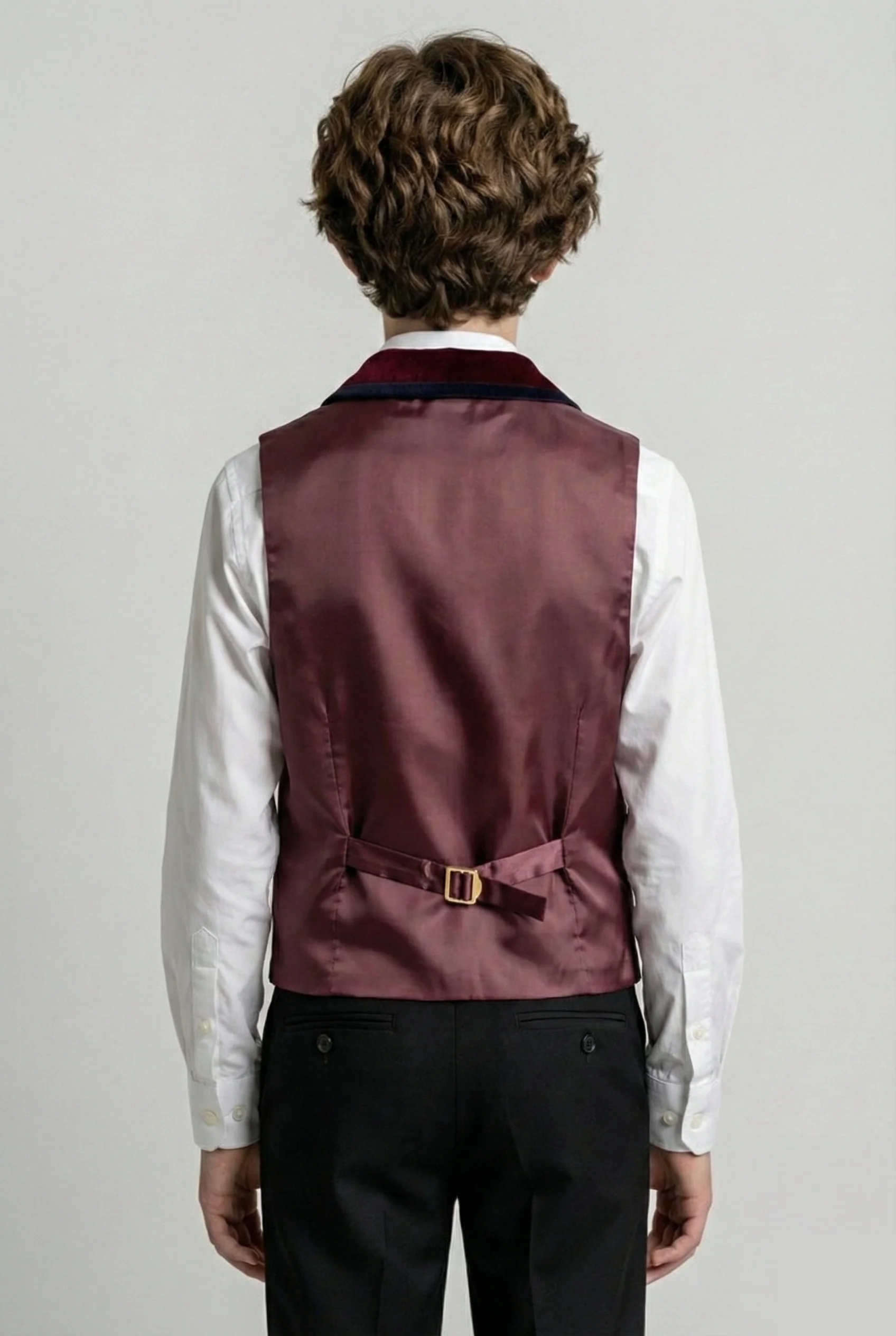 Boys Slim Fit Velvet Waistcoat with Lapel Trim - Burgundy - Image 2