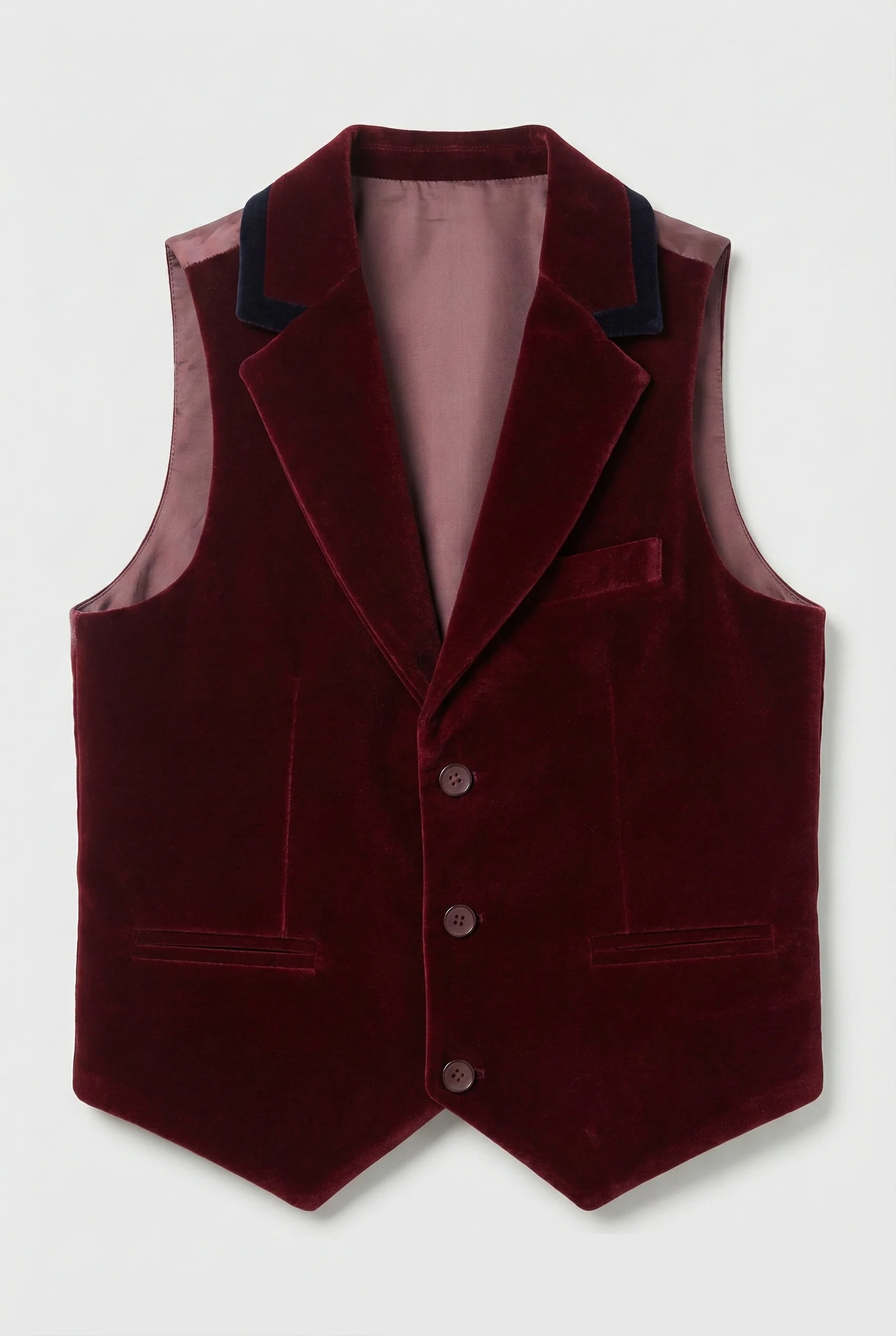 Boys Slim Fit Velvet Waistcoat with Lapel Trim - Burgundy - Image 3