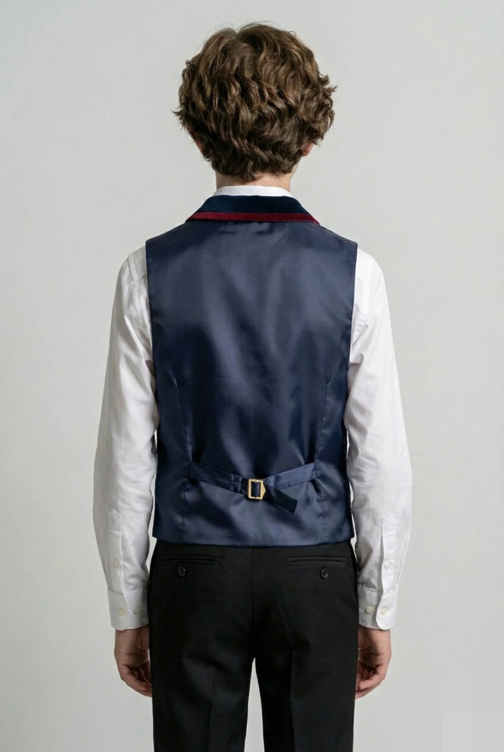 Boys Slim Fit Velvet Waistcoat with Lapel Trim - Navy Blue - Image 2