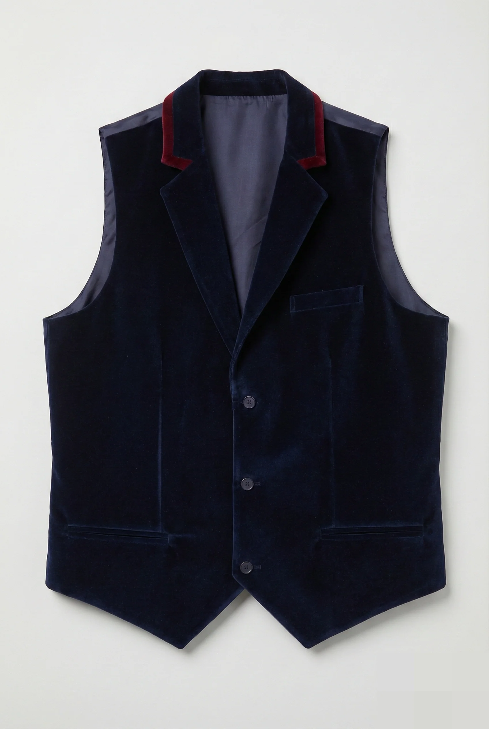 Boys Slim Fit Velvet Waistcoat with Lapel Trim - Navy Blue - Image 3