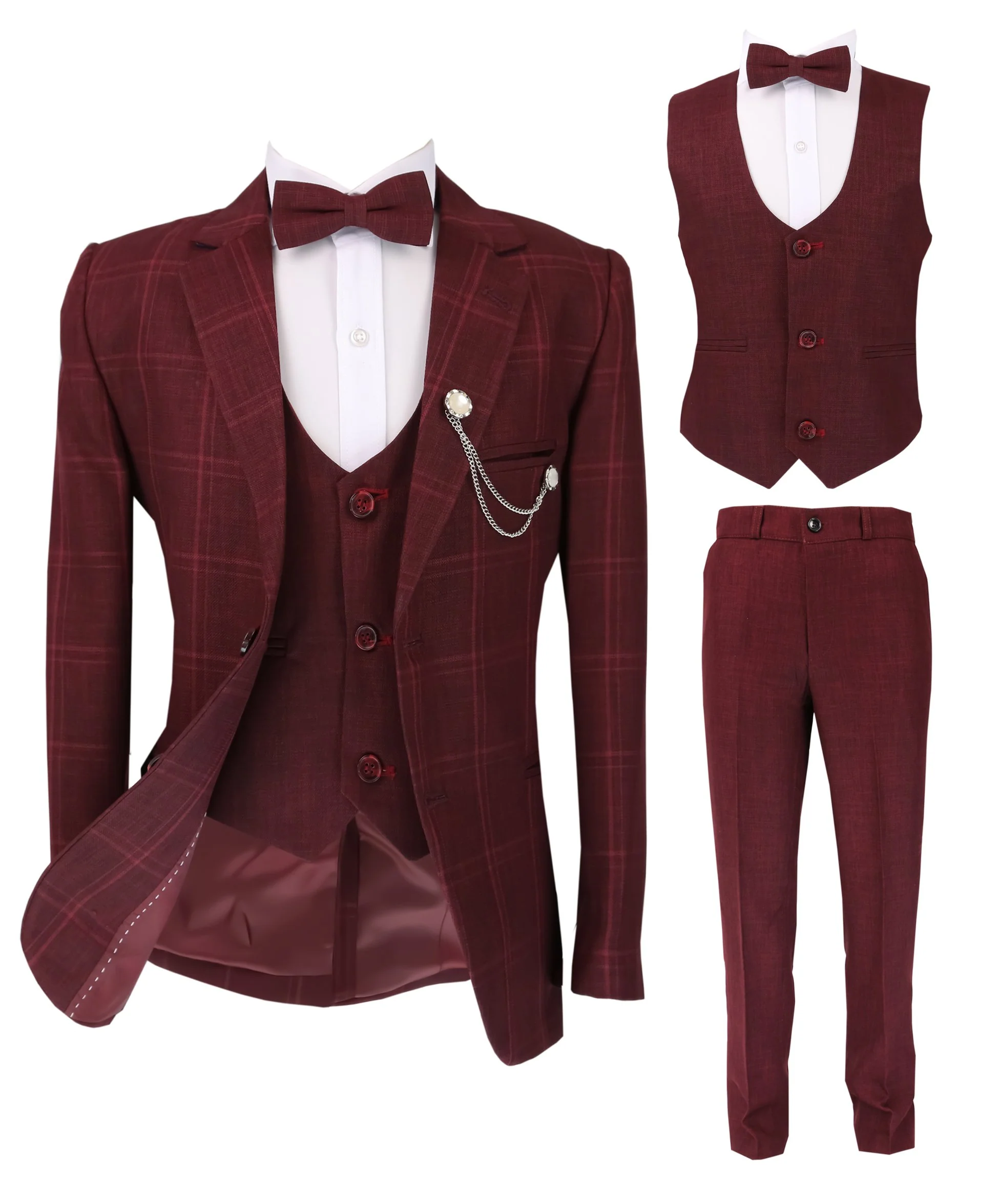 Boys Slim Fit Windowpane Check Burgundy Suit Set - Burgundy - Image 7