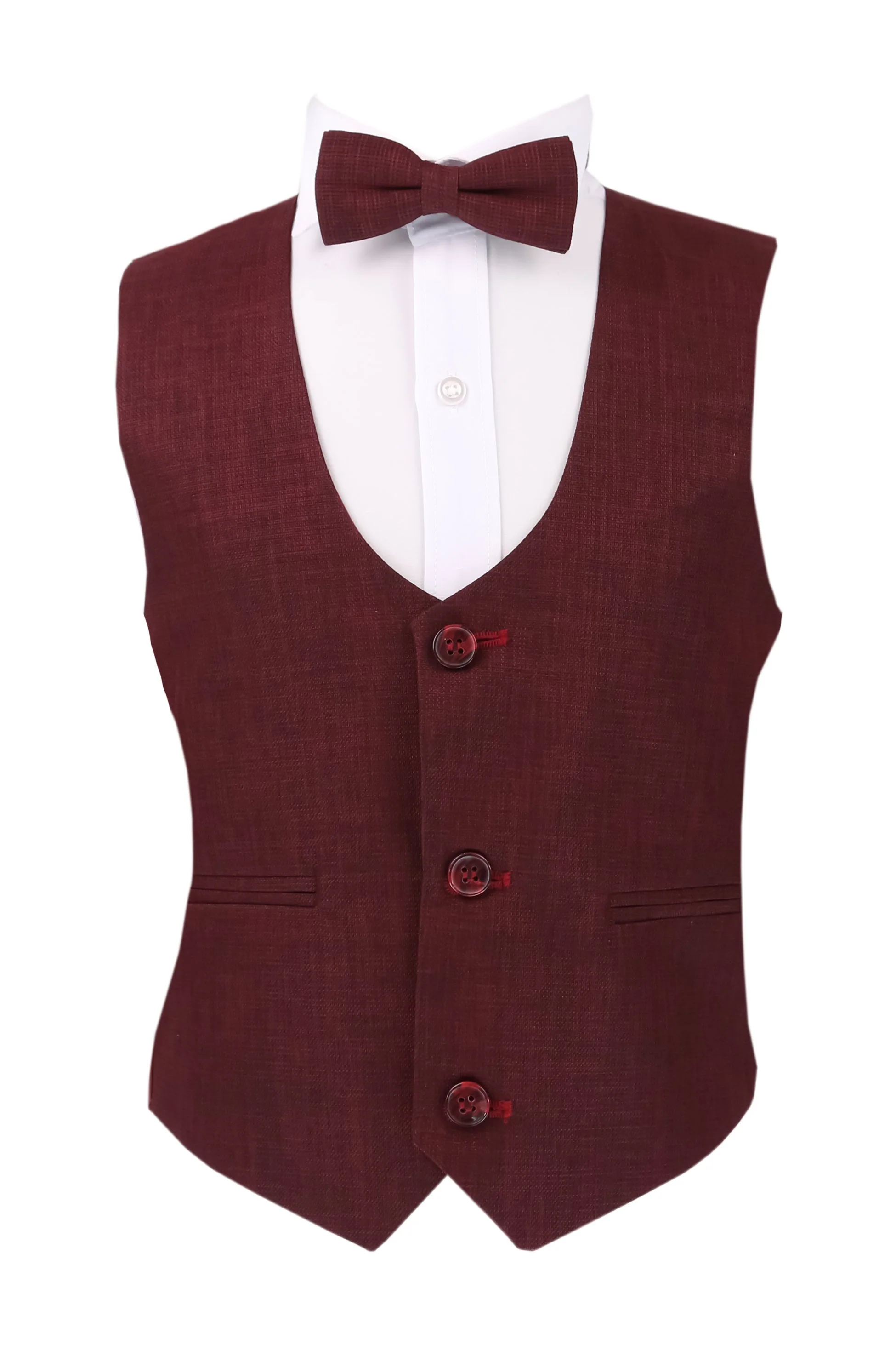 Boys Slim Fit Windowpane Check Burgundy Suit Set - Burgundy - Image 8