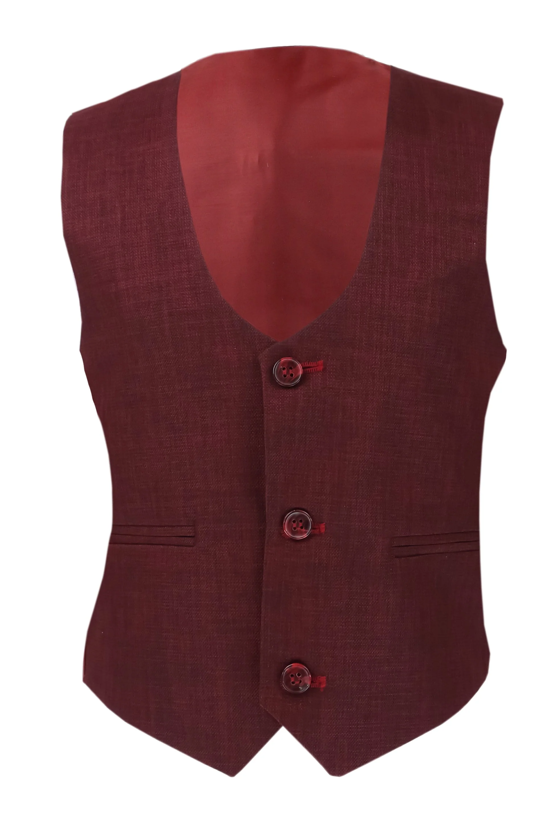 Boys Slim Fit Windowpane Check Burgundy Suit Set - Burgundy - Image 9