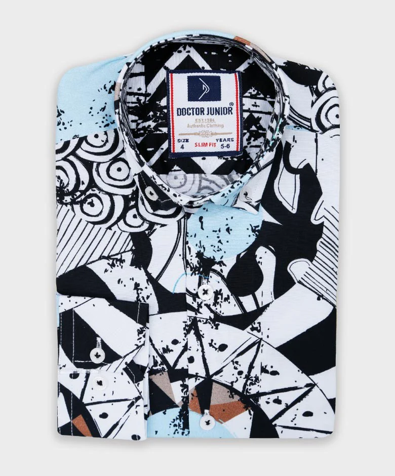 Boys Zen Doodle Printed Fashion Shirt - White- Blue - Image 3
