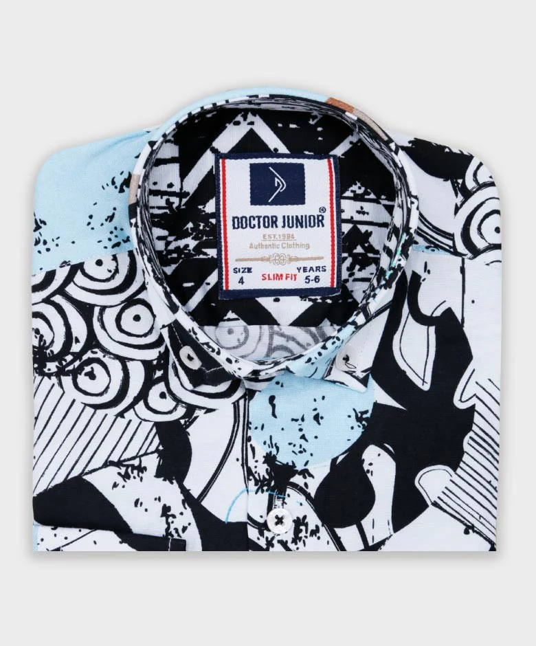 Boys Zen Doodle Printed Fashion Shirt - White- Blue - Image 4