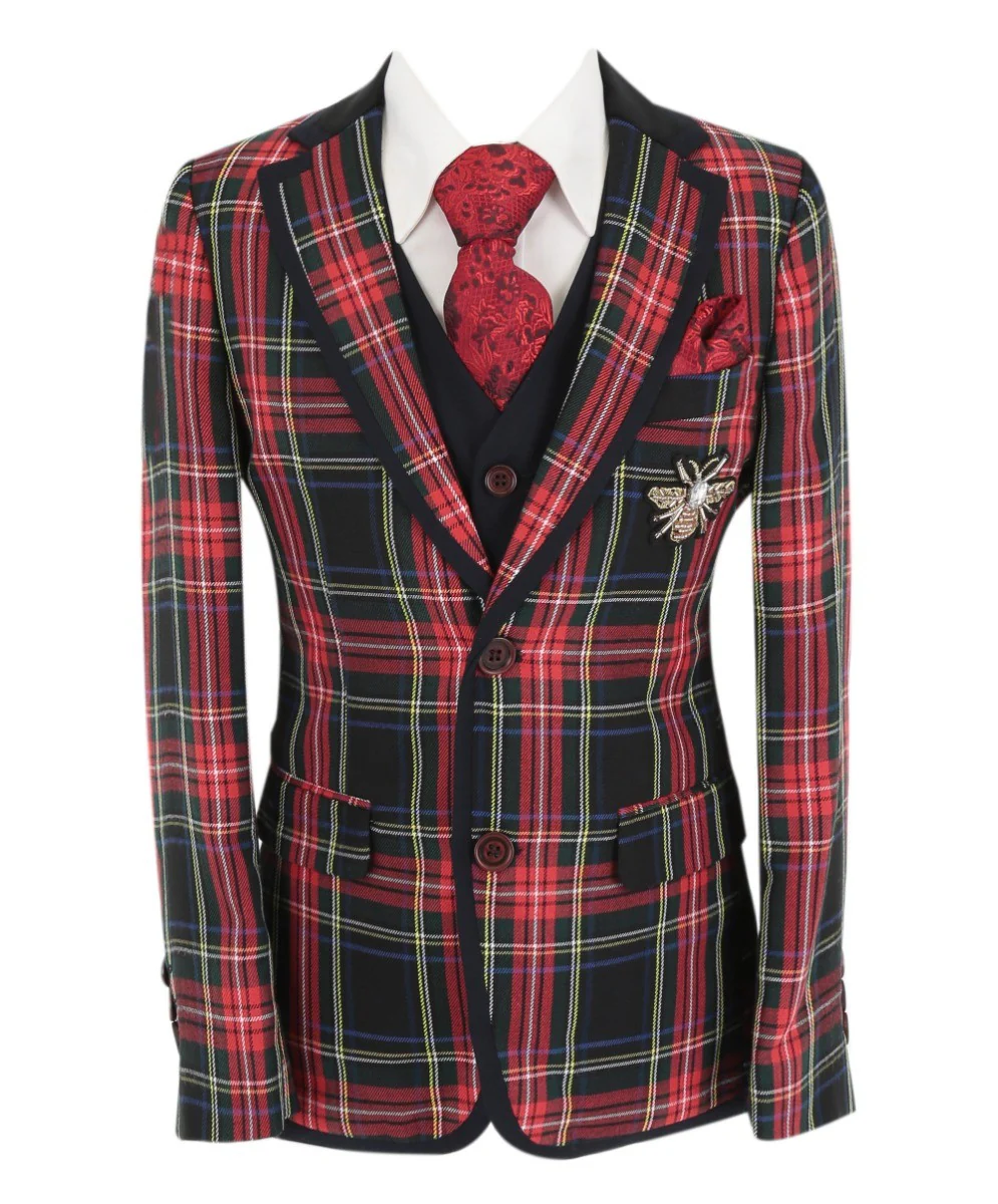 Boys Stewart Tartan Check Fashion Suit - Black and Red - Image 2