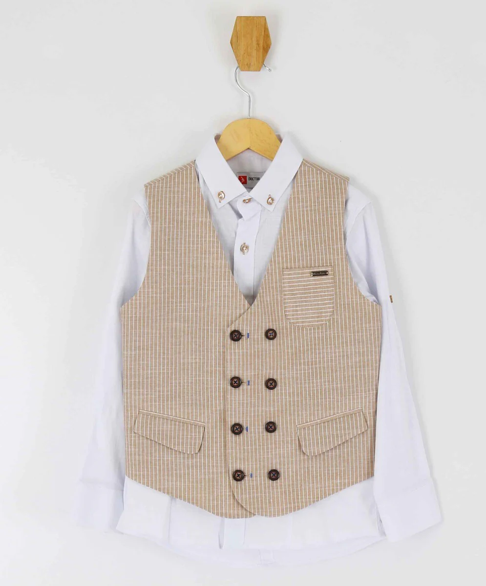 Boys Cotton Linen Pinstrip Waistcoat Suit Set - Beige - Image 3