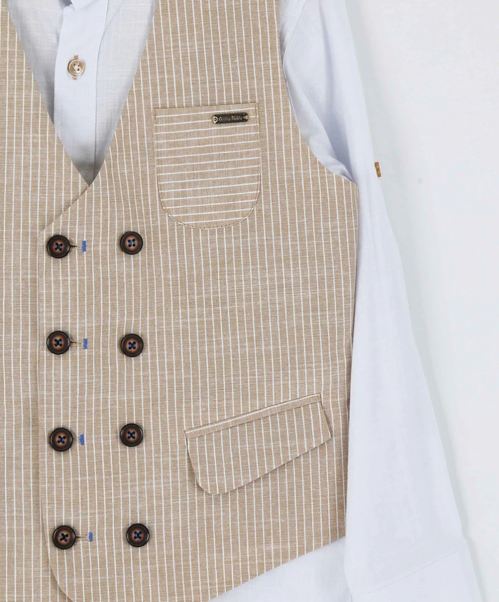 Boys Cotton Linen Pinstrip Waistcoat Suit Set - Beige - Image 4