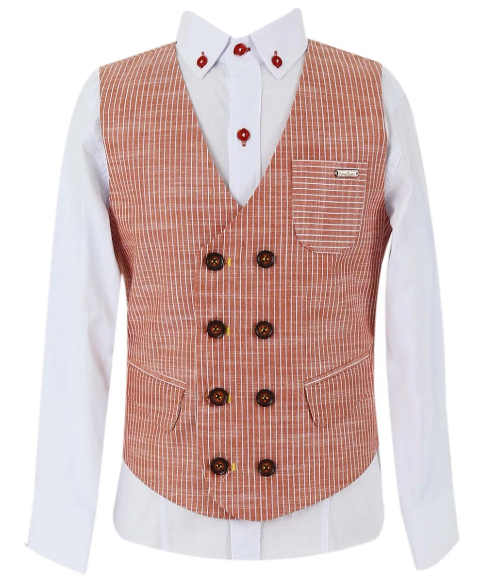 Boys Cotton Linen Pinstrip Waistcoat Suit Set - Red