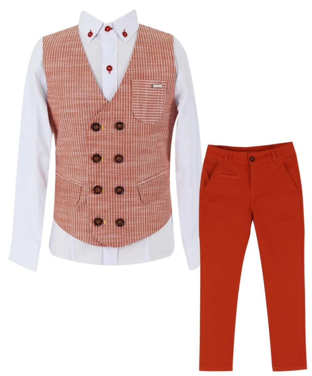 Boys Cotton Linen Pinstrip Waistcoat Suit Set - Red - Image 2