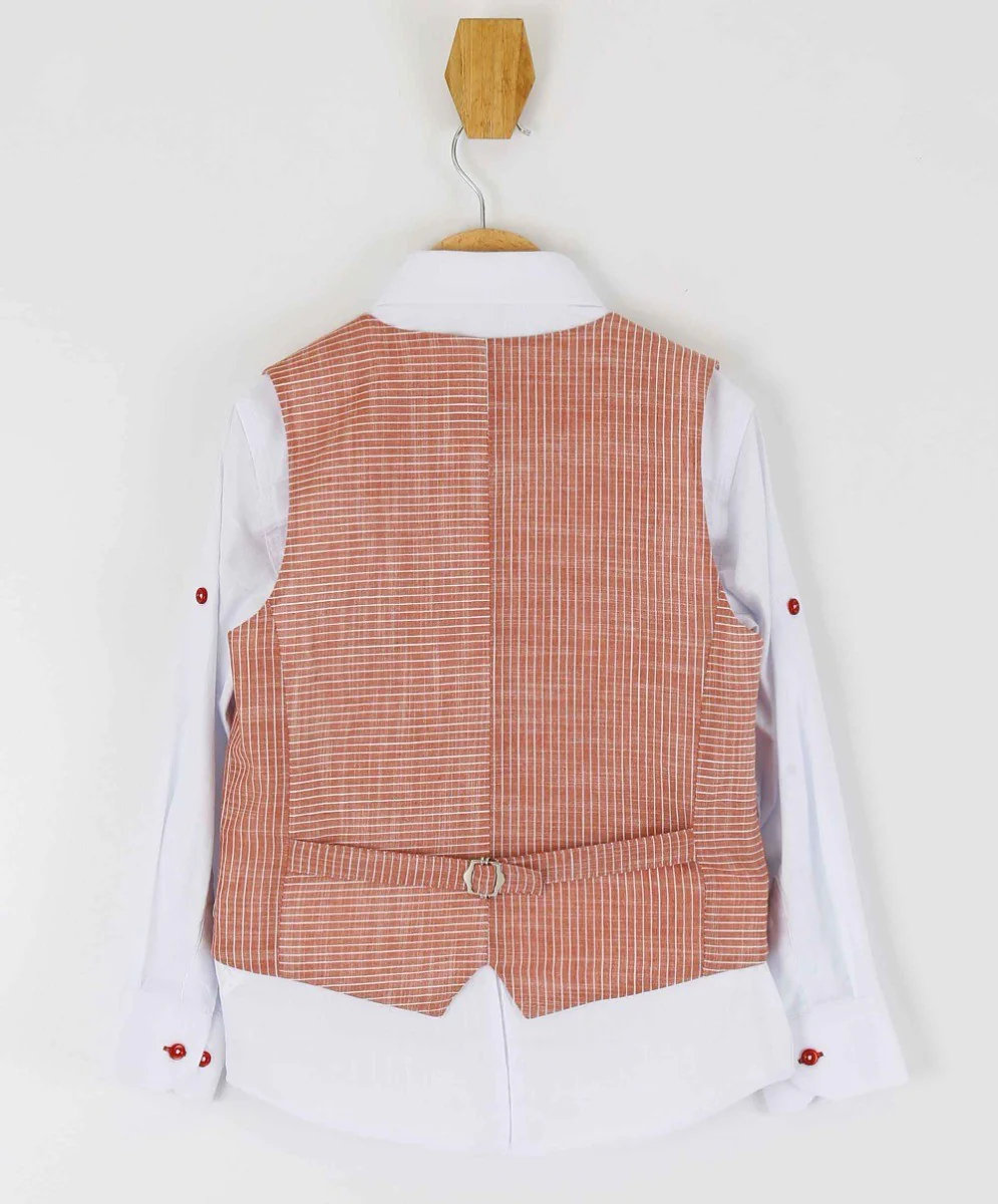 Boys Cotton Linen Pinstrip Waistcoat Suit Set - Red - Image 4