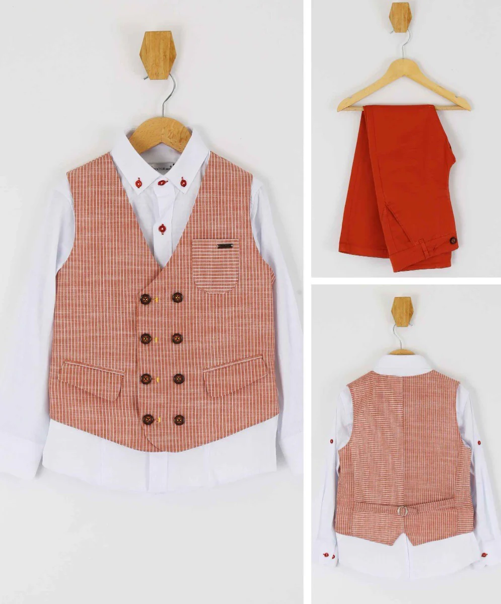 Boys Cotton Linen Pinstrip Waistcoat Suit Set - Red - Image 5