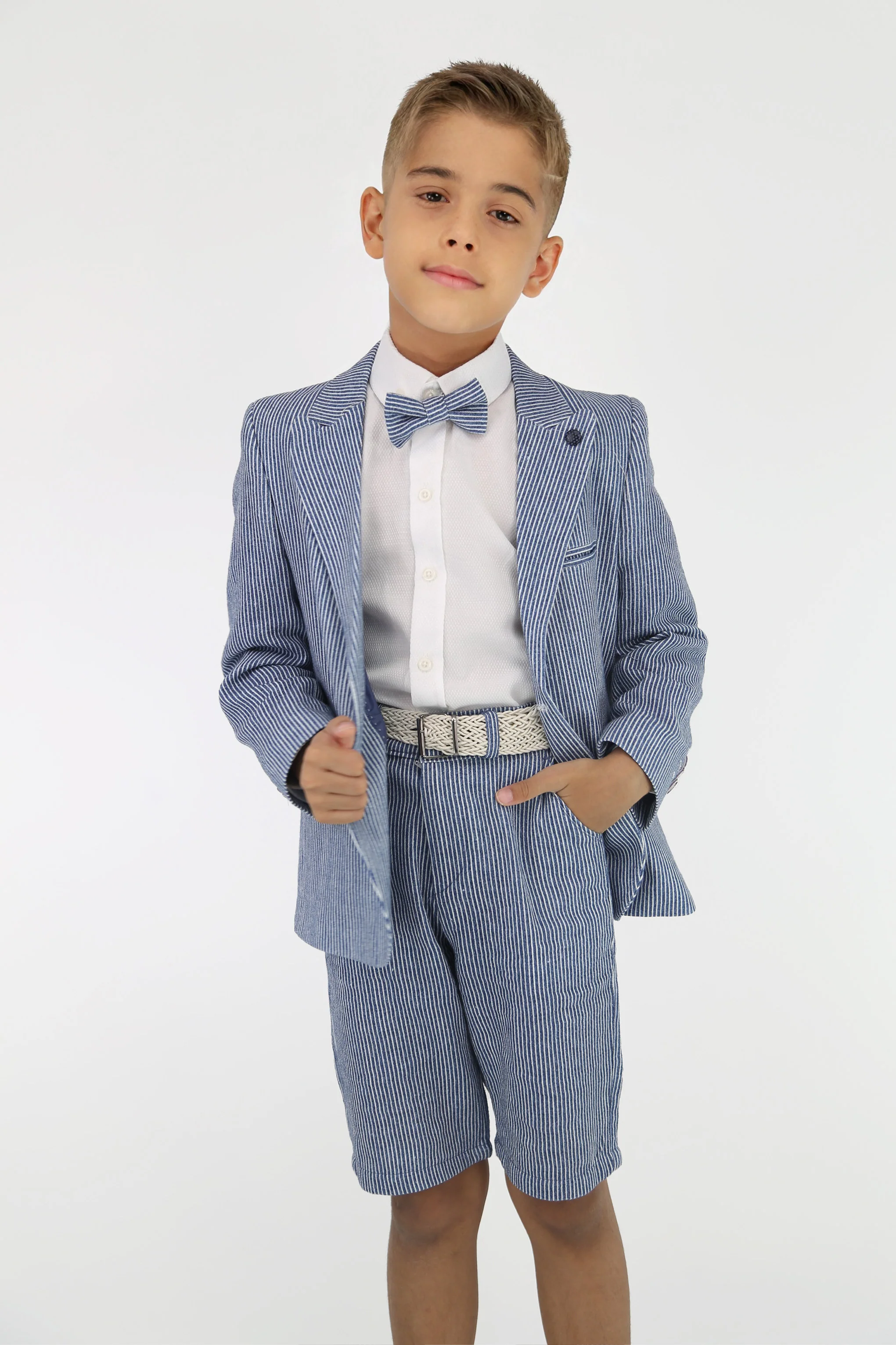 Boys Striped Cotton Seersucker Short Suit – ALEXANDER - Navy - Image 3