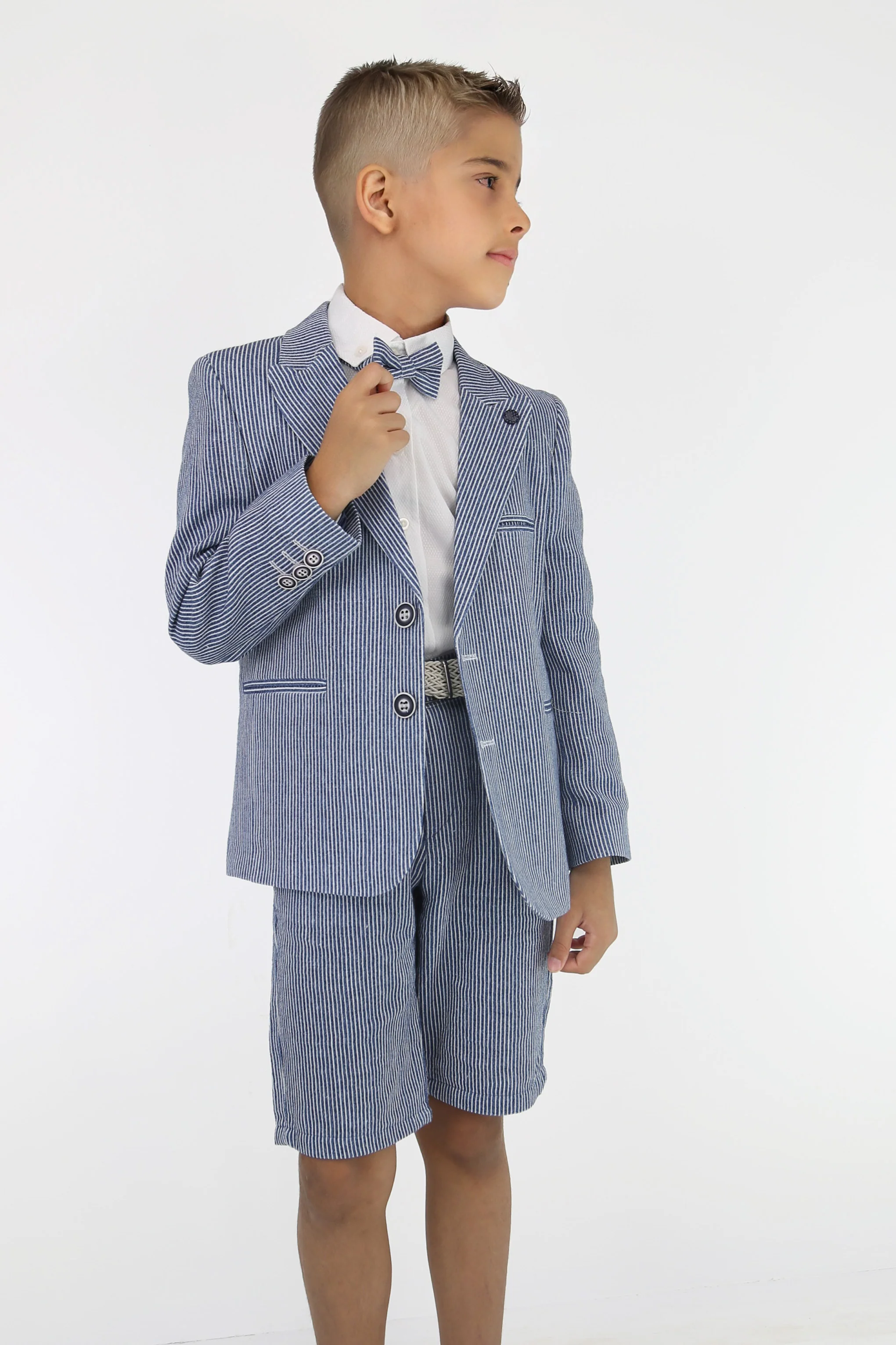 Boys Striped Cotton Seersucker Short Suit – ALEXANDER - Navy - Image 4