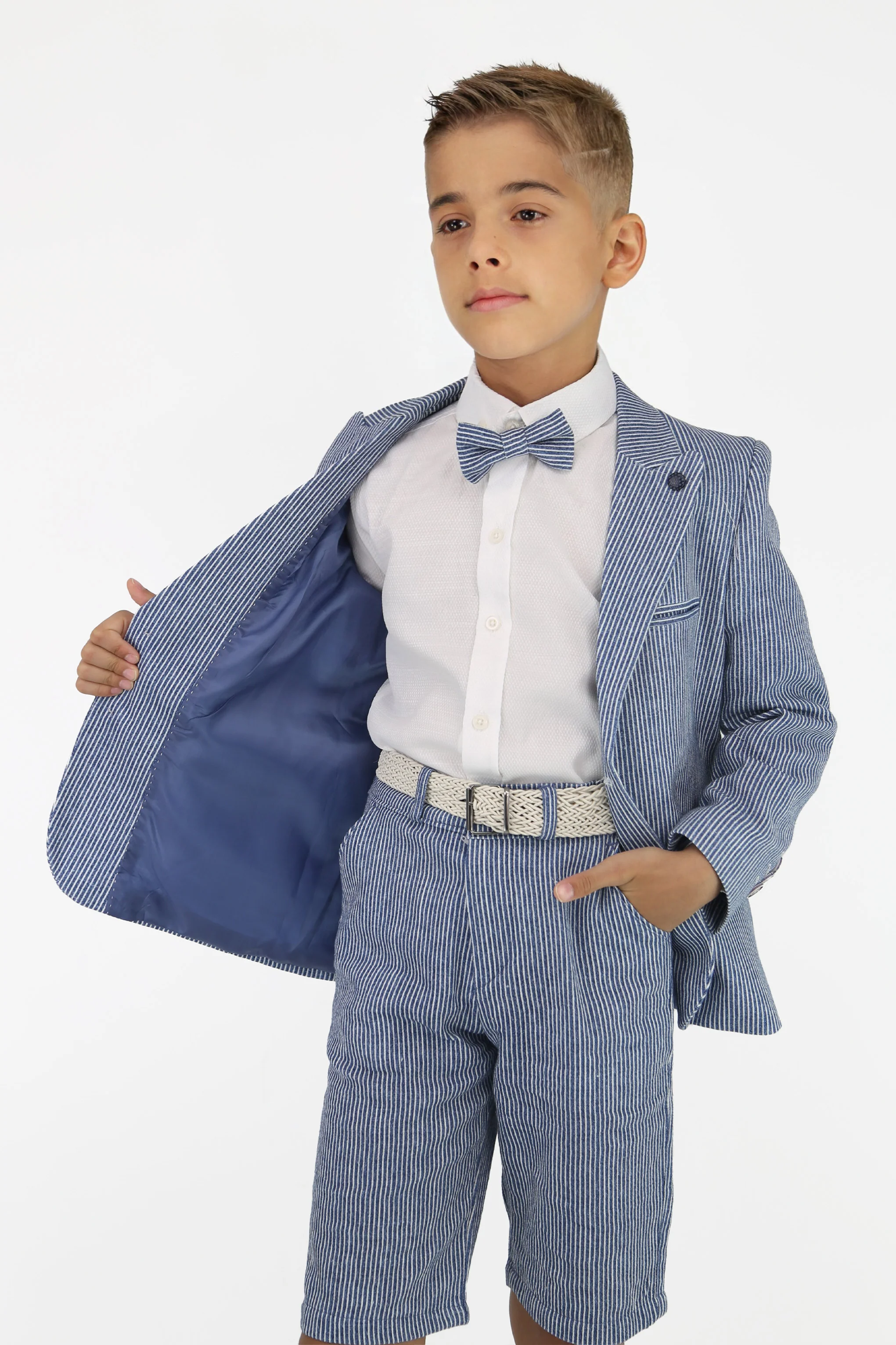 Boys Striped Cotton Seersucker Short Suit – ALEXANDER - Navy - Image 5