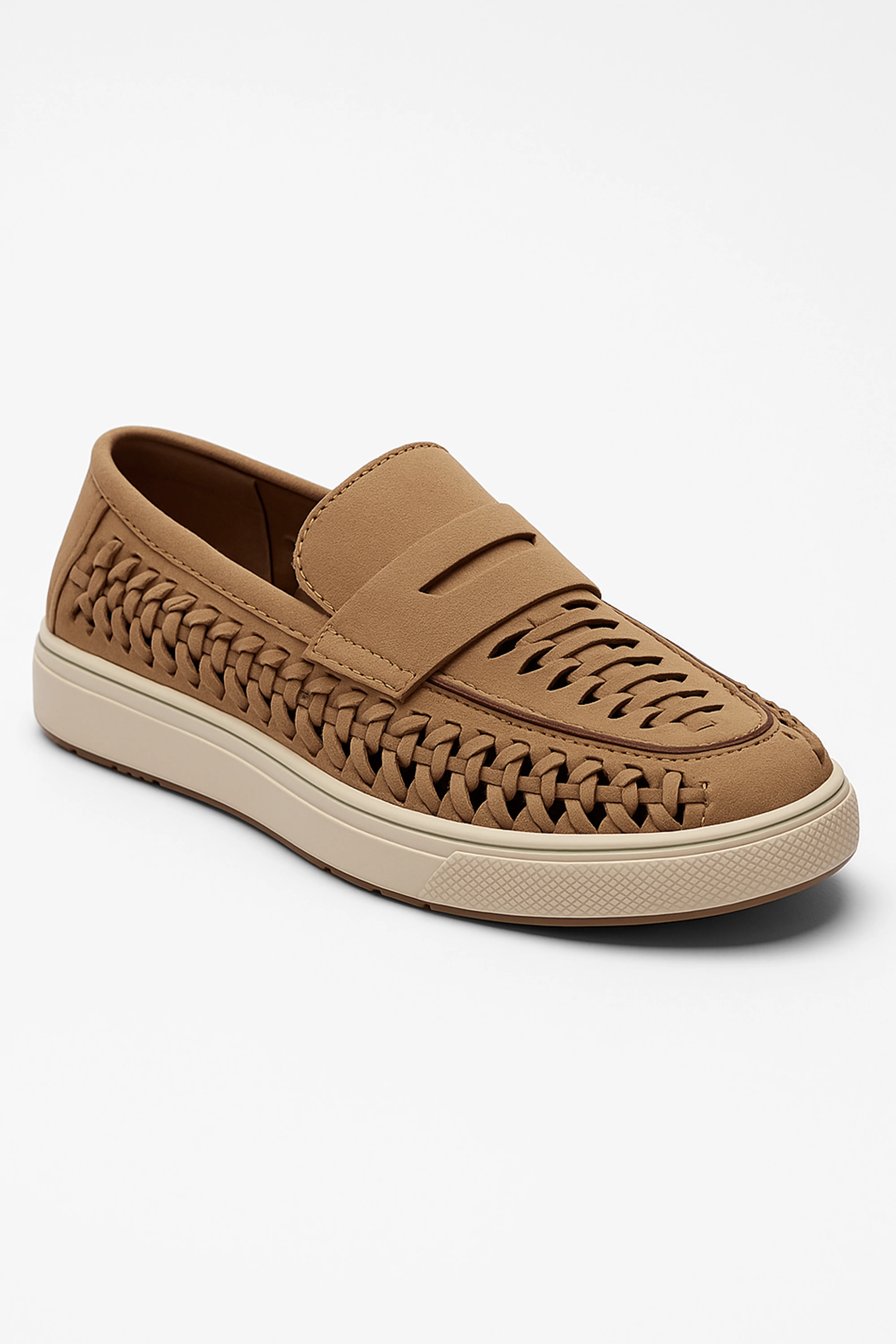Boys Suede Penny Loafers with Woven Detail - TROY - Tan