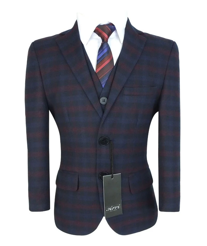 Boys Tailored Fit Retro Check Navy Suit - Navy Blue - Red - Image 4