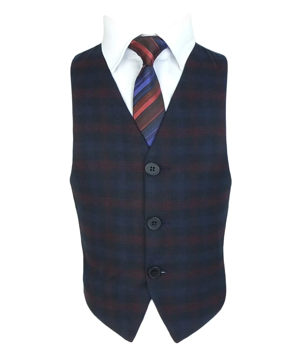 Boys Tailored Fit Retro Check Navy Suit - Navy Blue - Red - Image 7