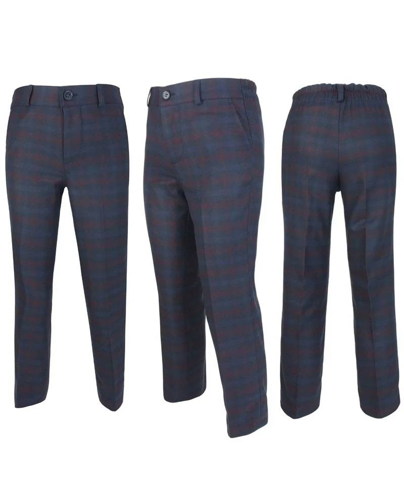 Boys Tailored Fit Retro Check Navy Suit - Navy Blue - Red - Image 8
