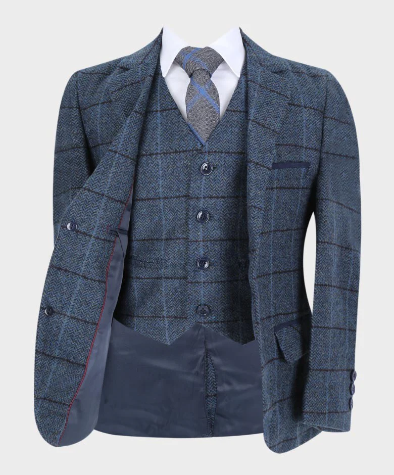 Boys Tailored Fit Herringbone Tweed Check Blue Suit - Blue - Image 3